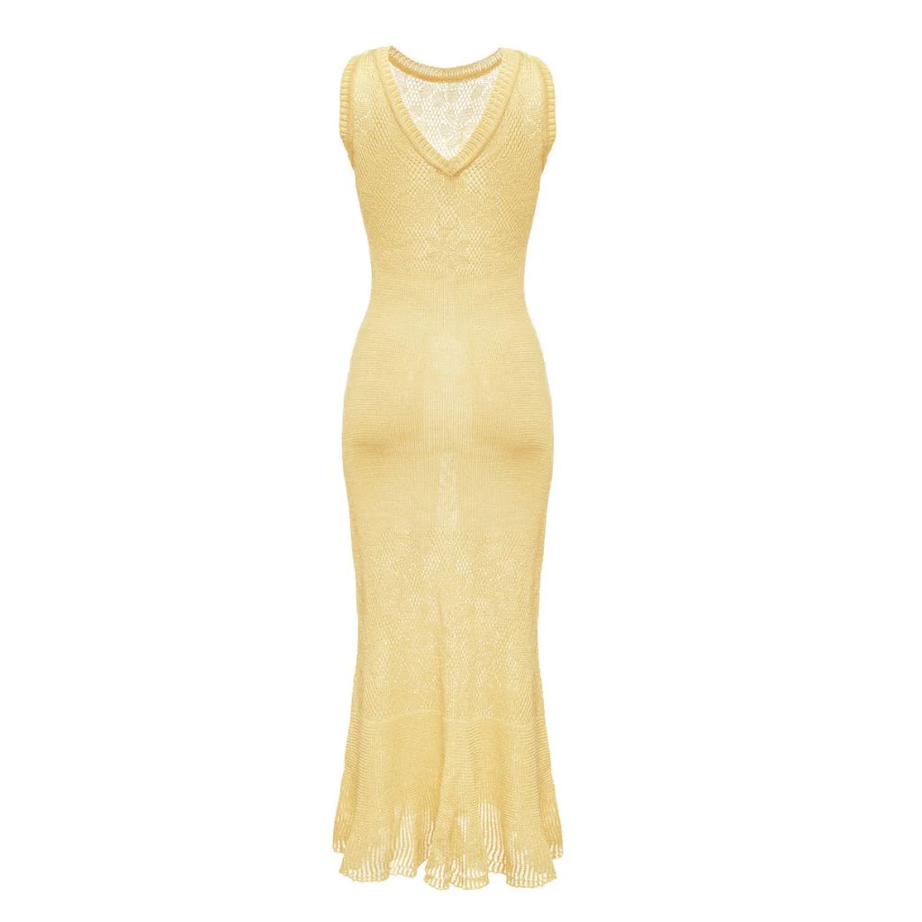 Butter Yellow Knit Dress With Feathers - Image 2