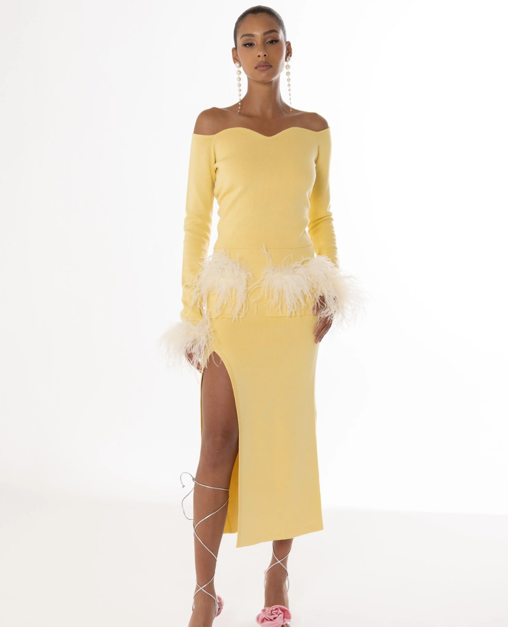 Butter Yellow Vanilla Knit Skirt With Feathers - Image 2