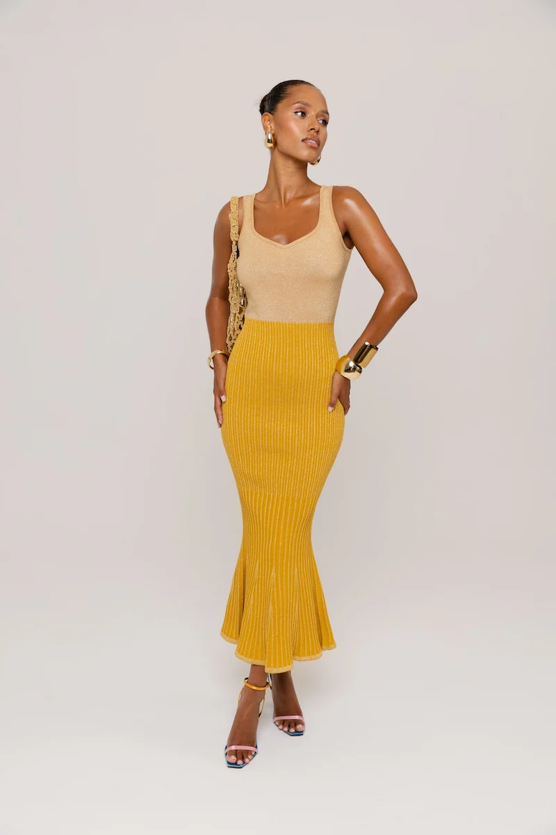 Golden Hour Metallic Knit Flared Dress - Image 14