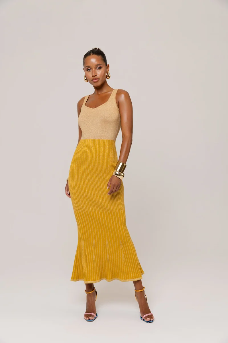 Golden Hour Metallic Knit Flared Dress - Image 16