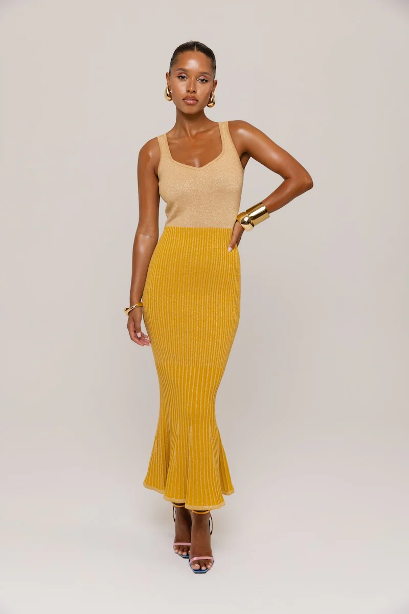 Golden Hour Metallic Knit Flared Dress - Image 17