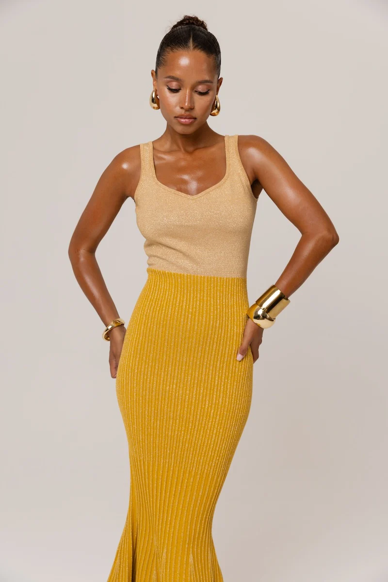 Golden Hour Metallic Knit Flared Dress - Image 18