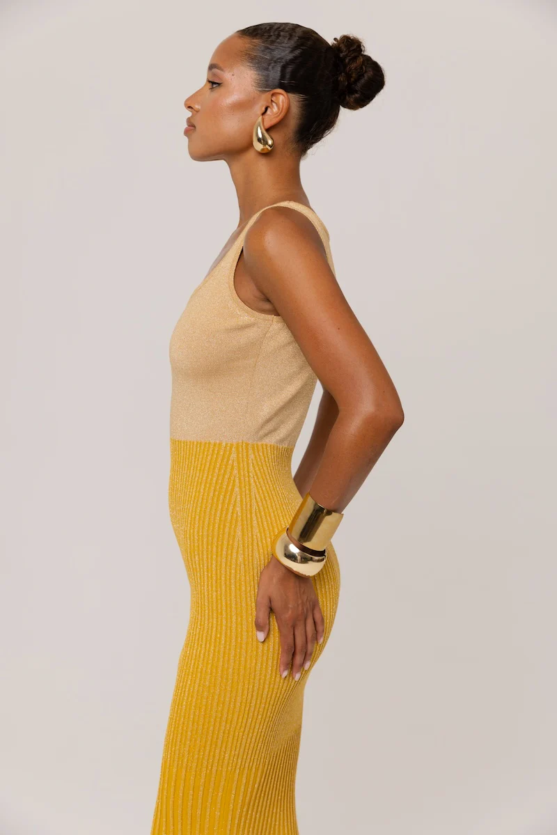 Golden Hour Metallic Knit Flared Dress - Image 20