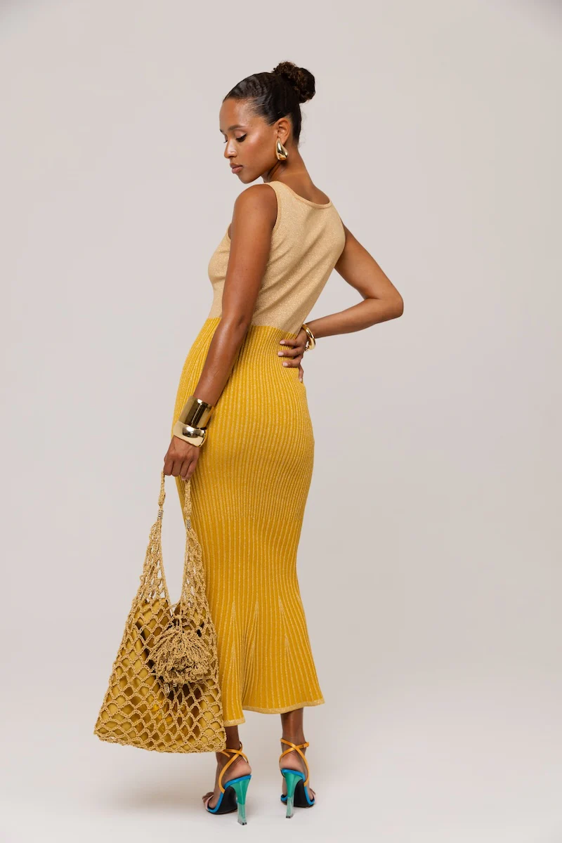 Golden Hour Metallic Knit Flared Dress - Image 21
