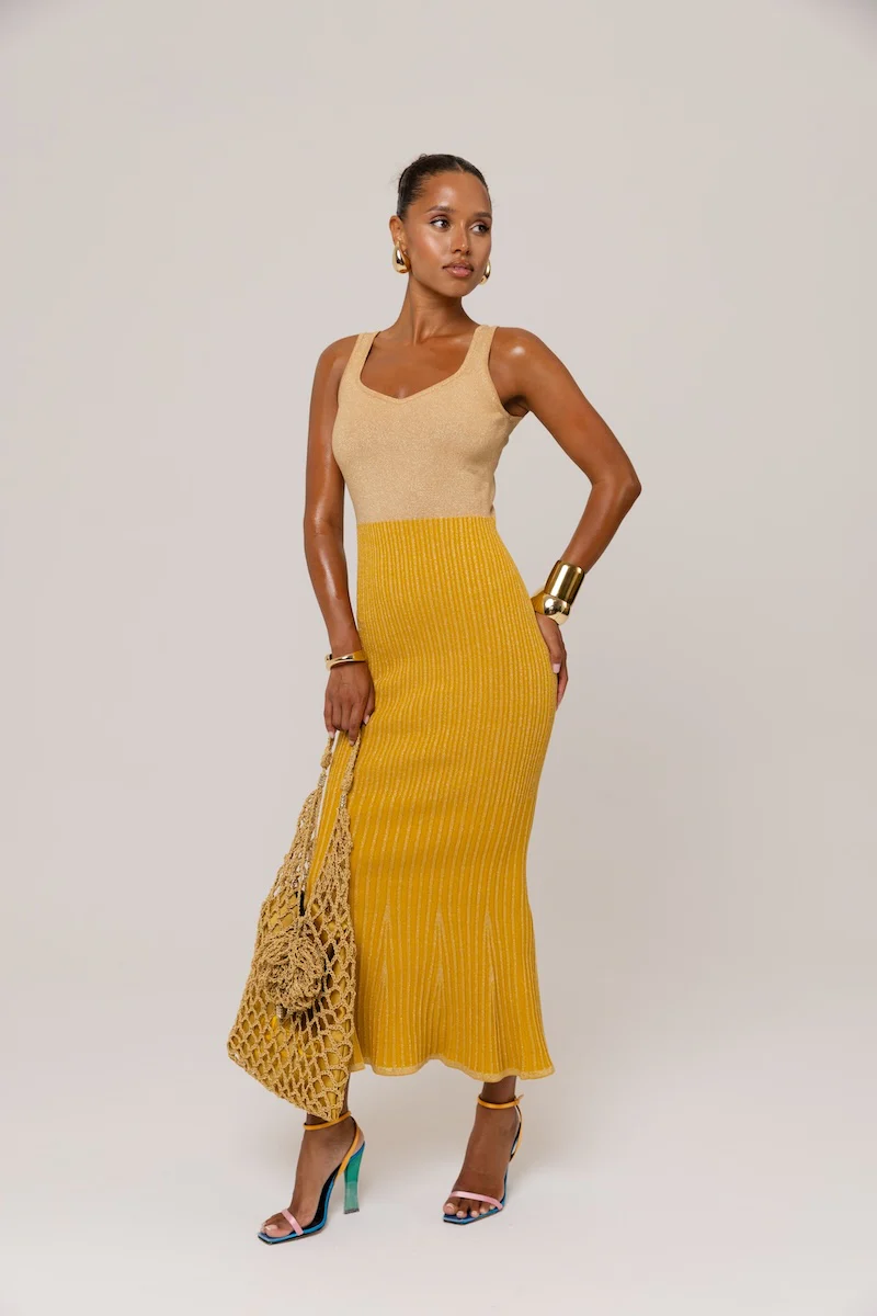 Golden Hour Metallic Knit Flared Dress - Image 8
