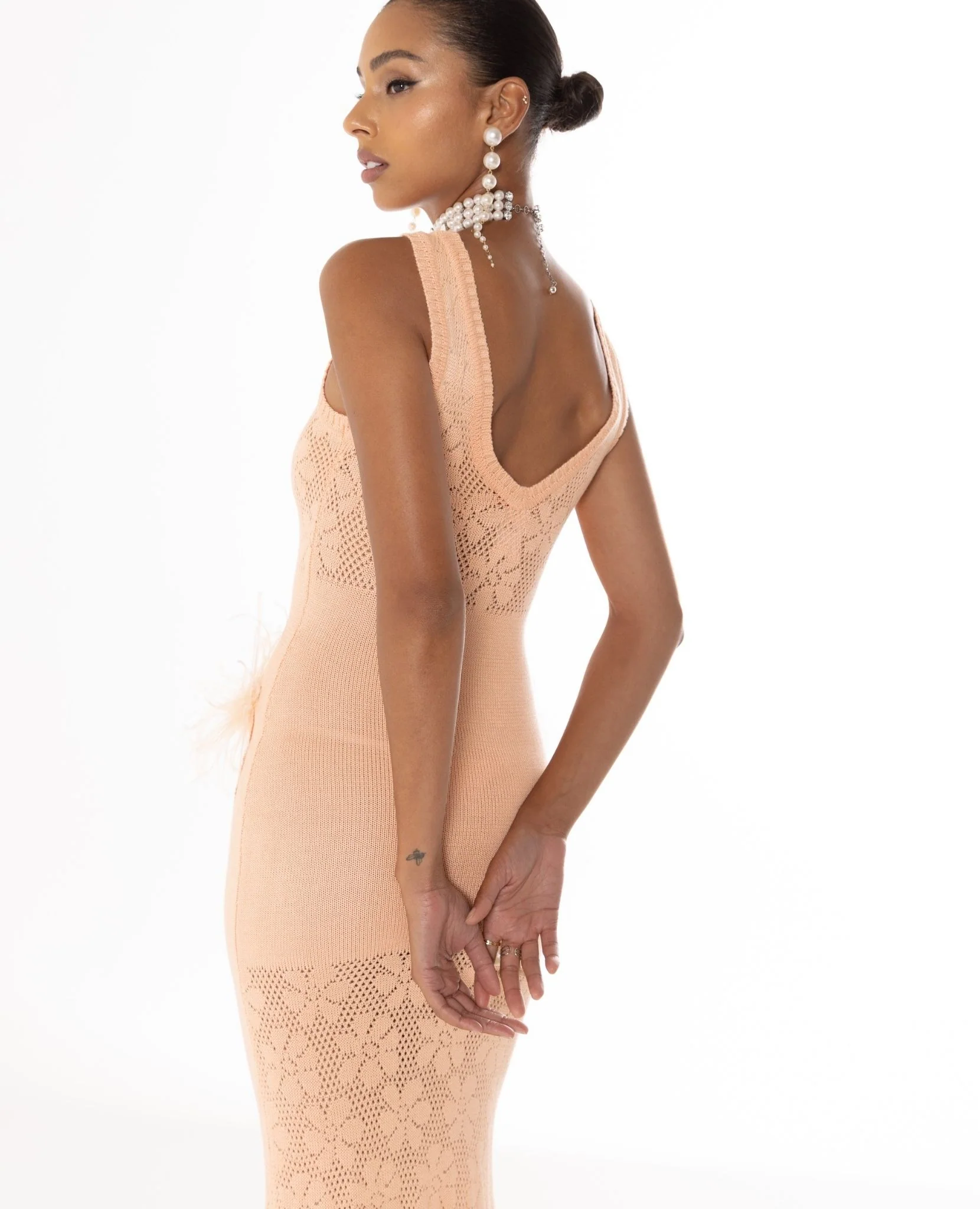 Vanilla Apricot Knit Dress With Feathers - Image 6