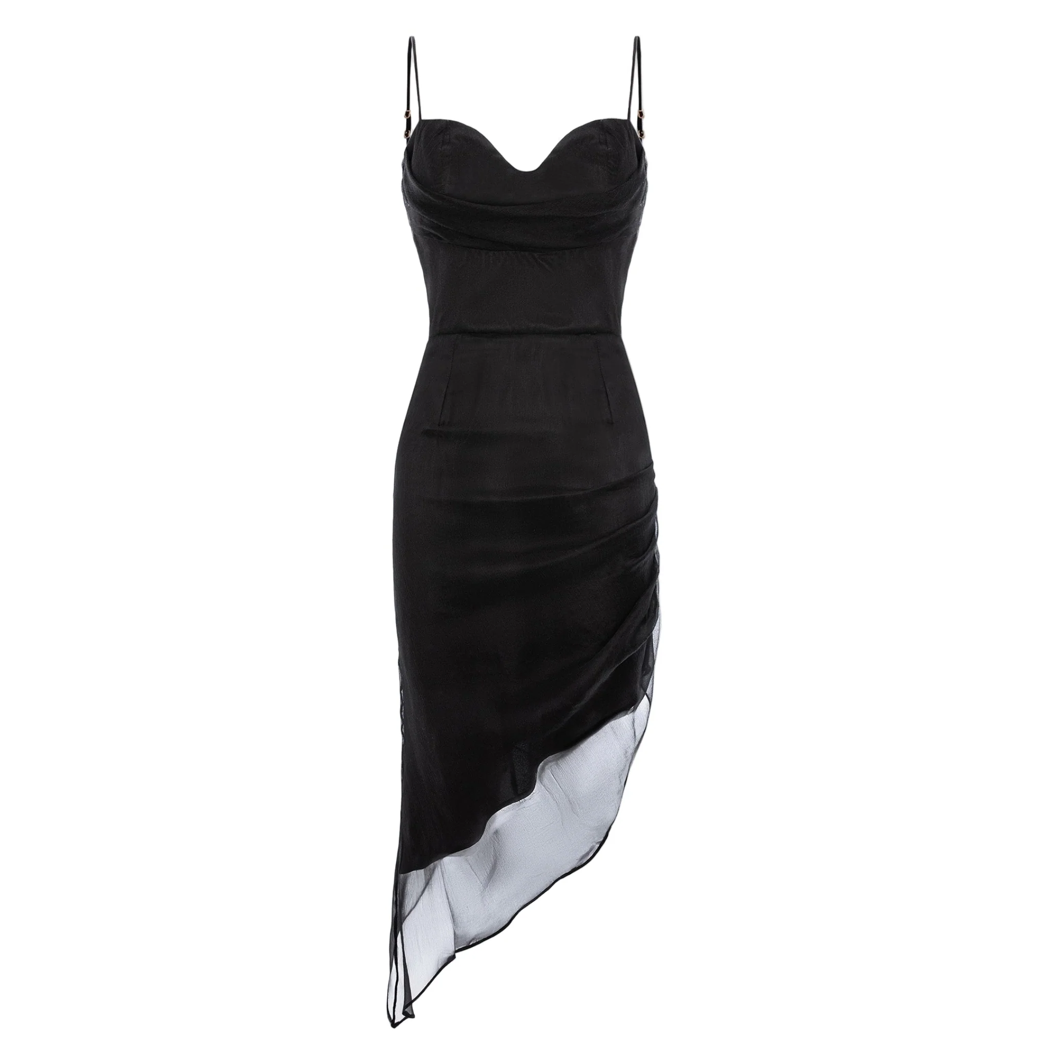 Black Asymmetric Silk Midi Dress With Straps And Side Gathering