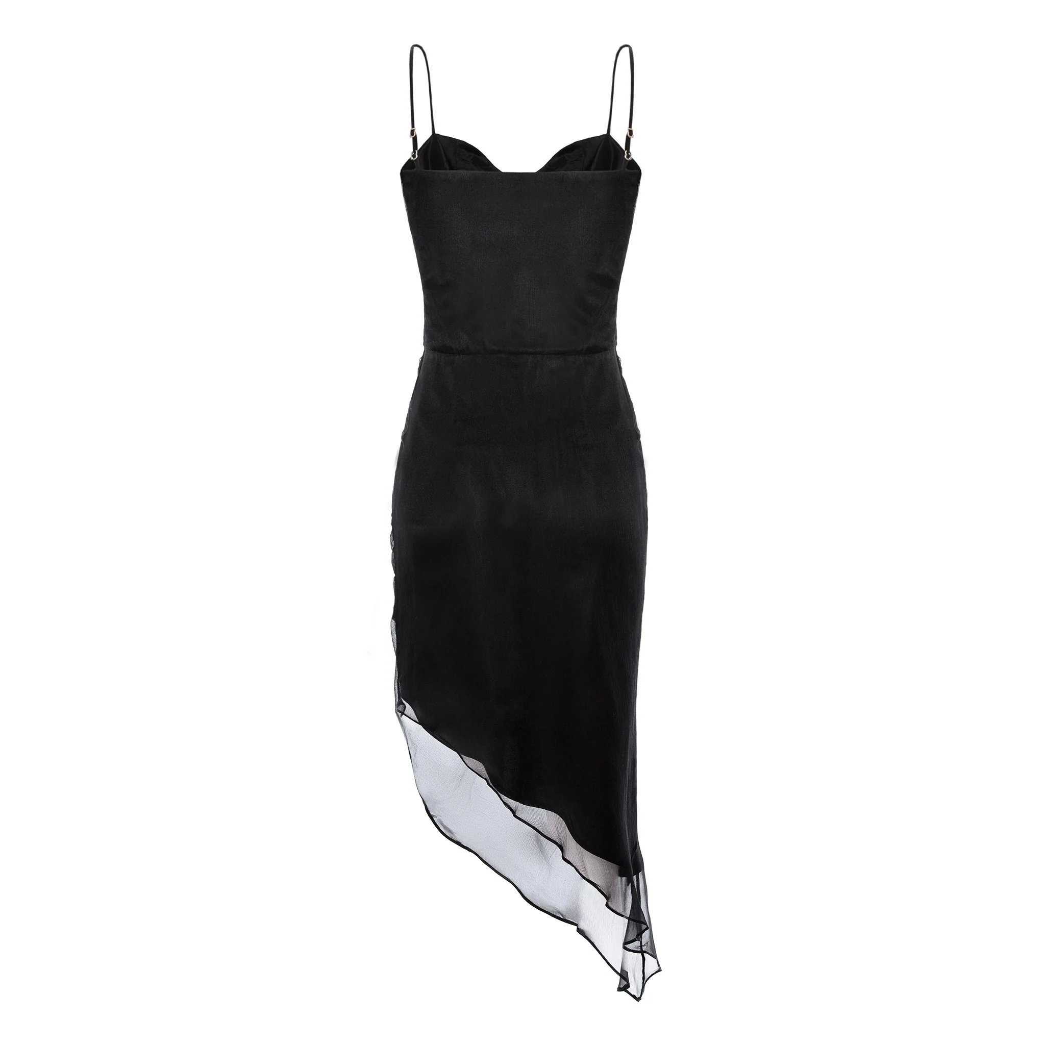 Black Asymmetric Silk Midi Dress With Straps And Side Gathering - Image 6