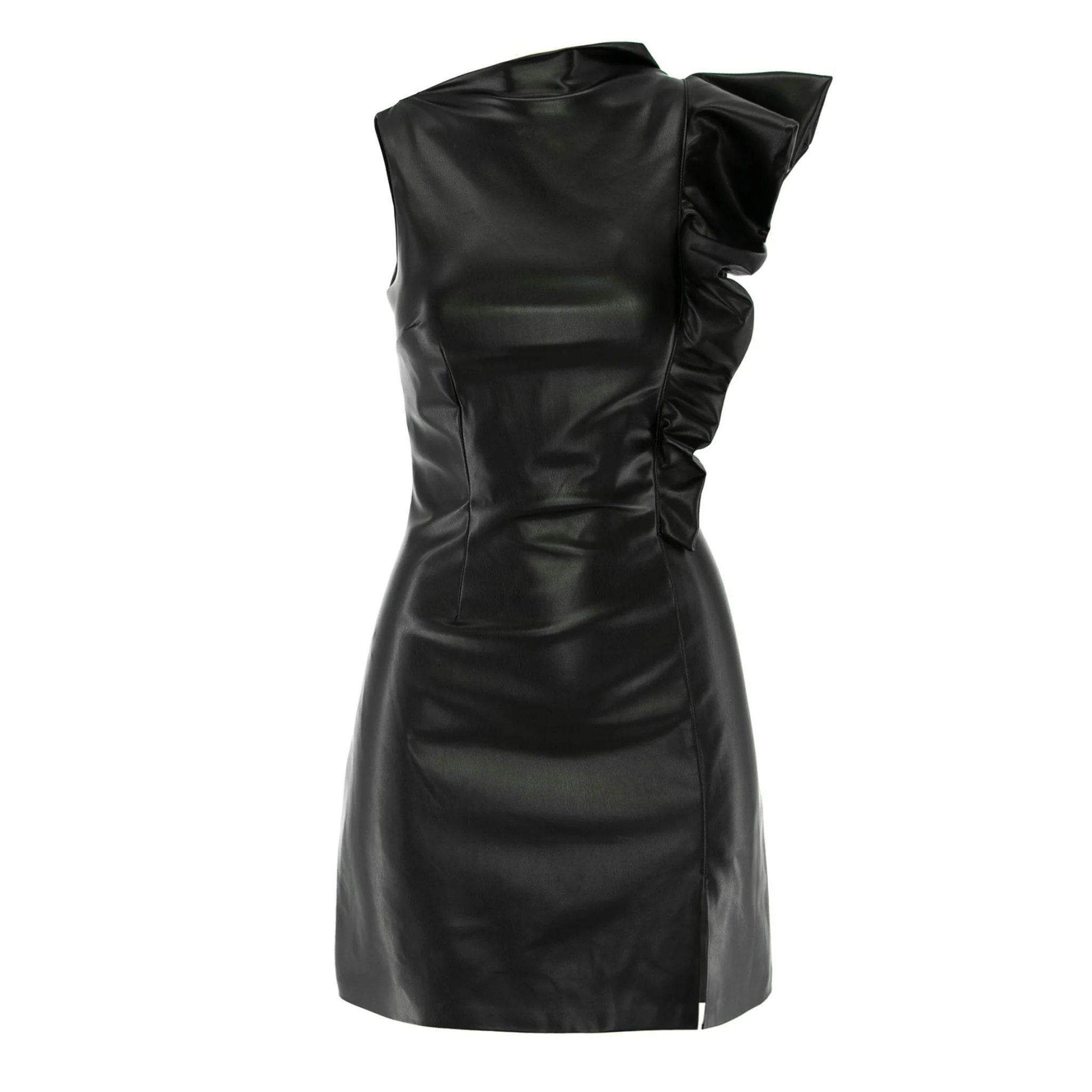 Black Eco Leather Asymmetrical Mini Dress With Ruffle