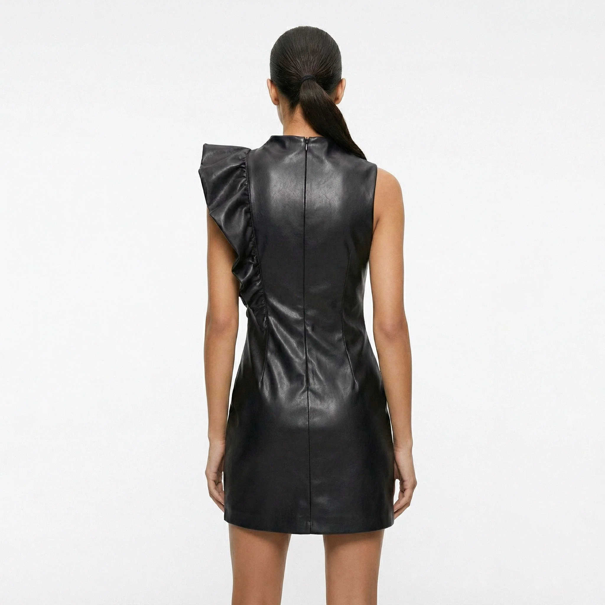 Black Eco Leather Asymmetrical Mini Dress With Ruffle - Image 3