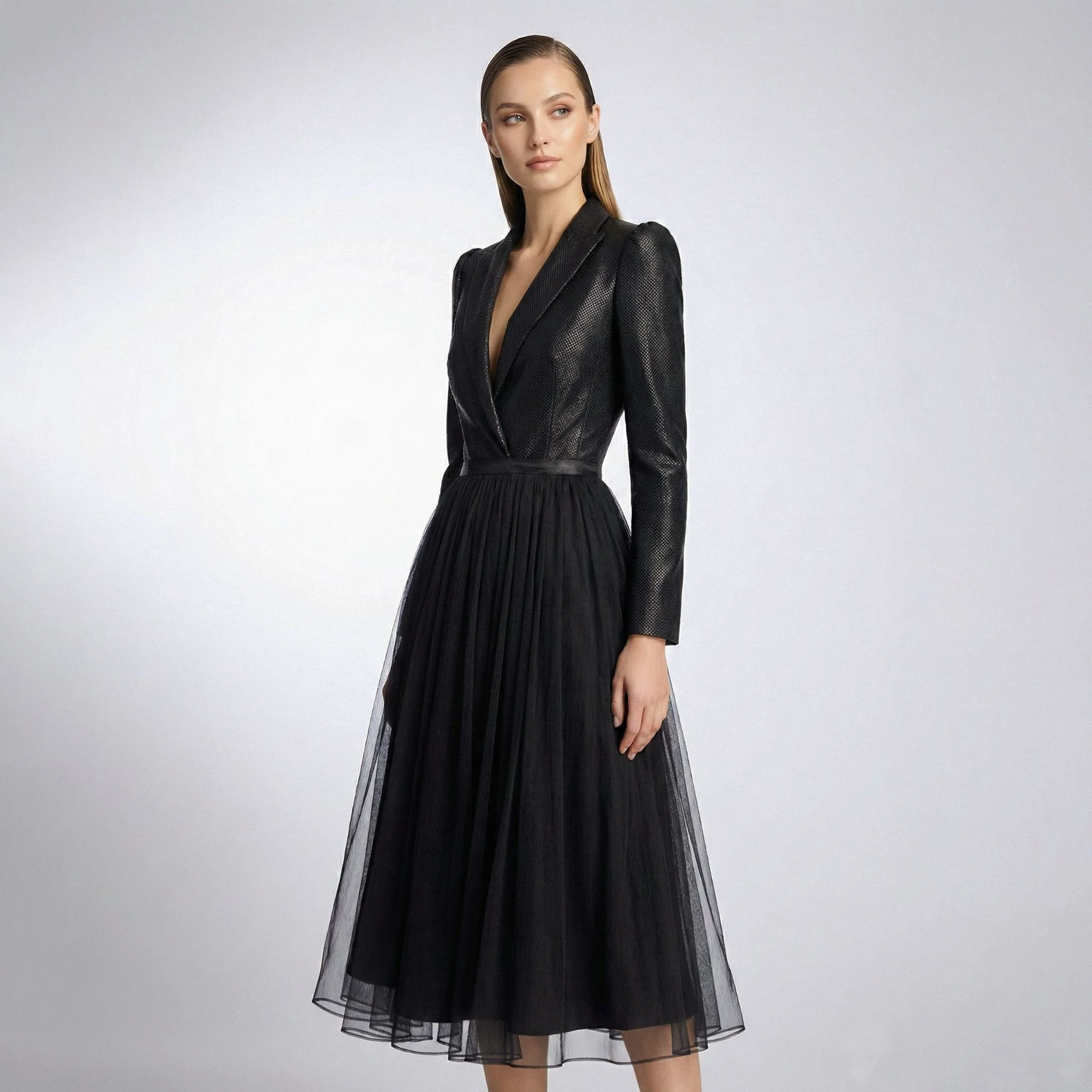 Long Sleeve Black Gathered Silk V-Neck Lapel Dress - Image 2
