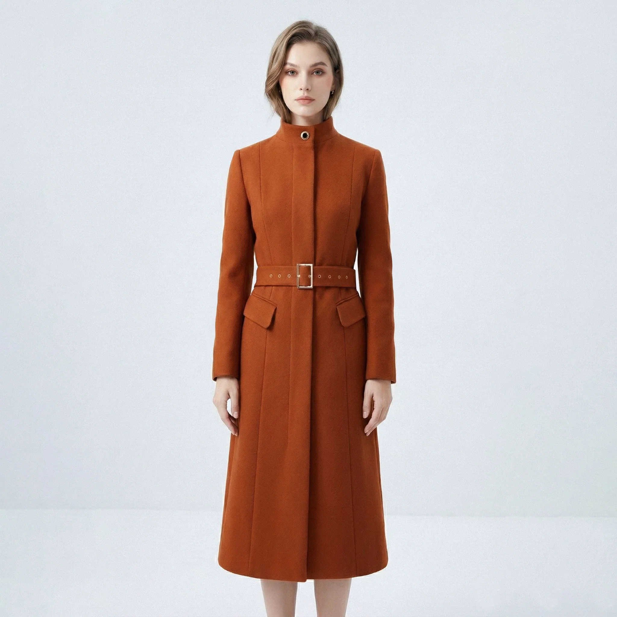 Brown Midi Length Wool Coat With Belt - Image 2
