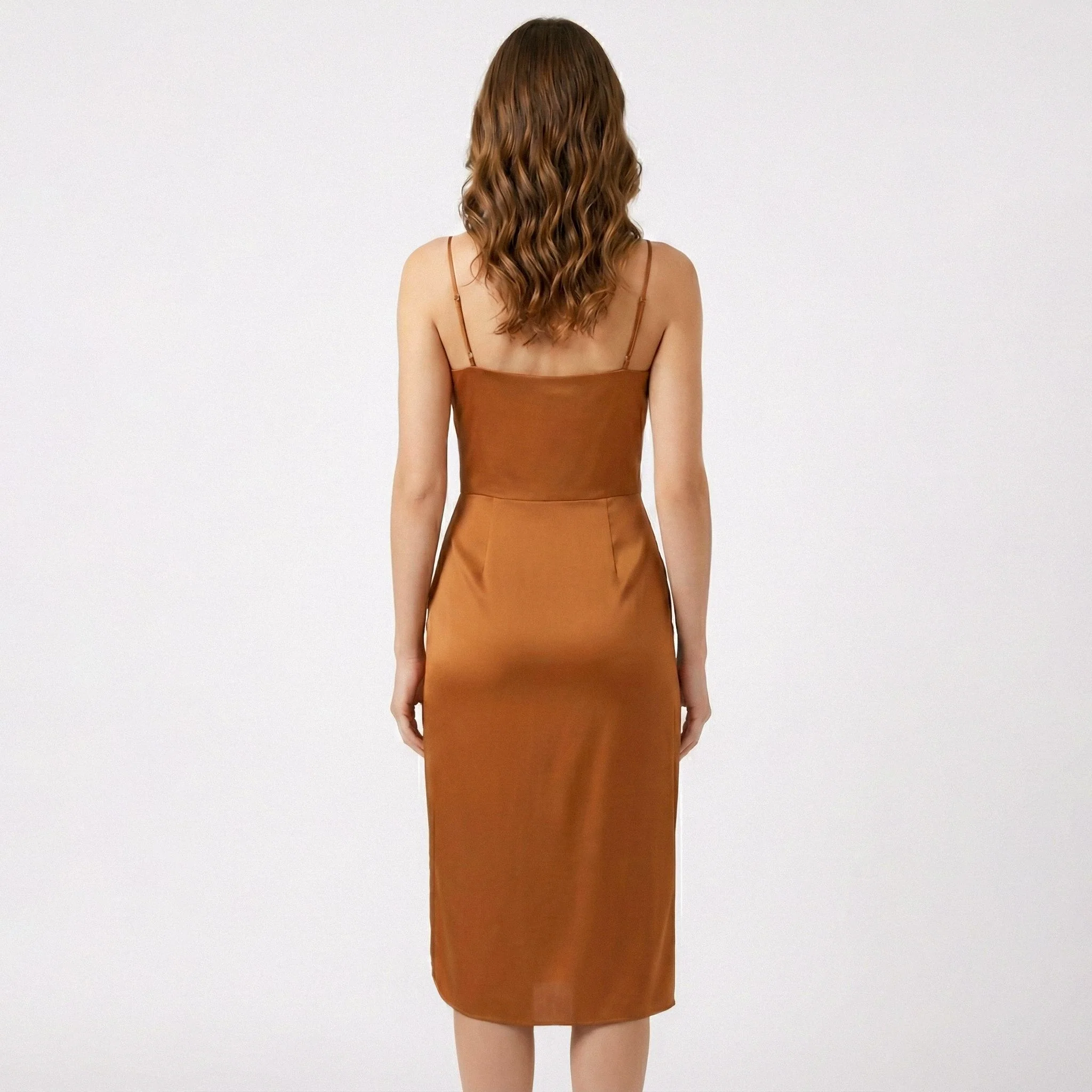 Brown Midi Slip Dress With Side Gathering - Image 3