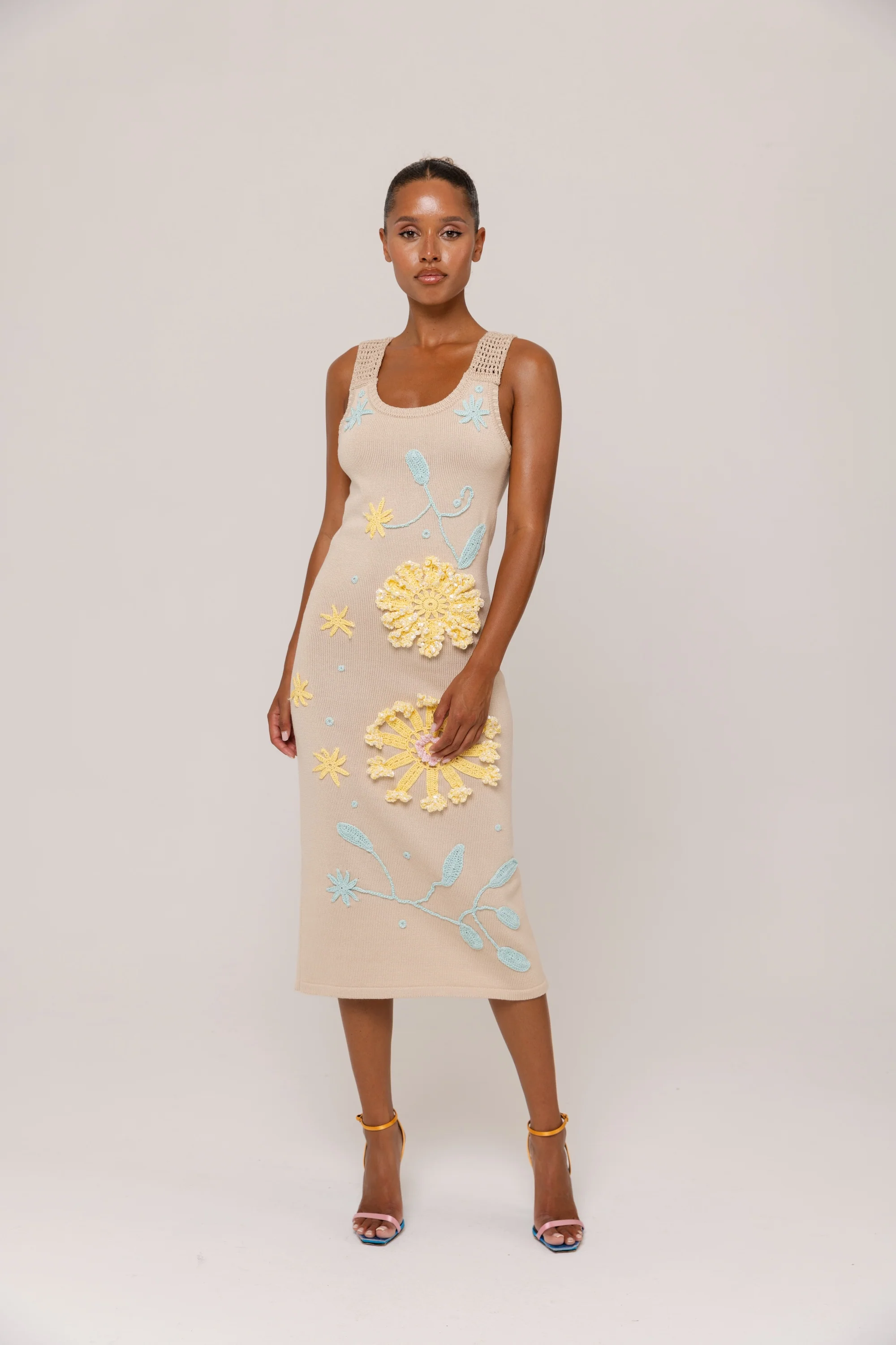 Beige Knit Midi Dress with Yellow & Blue Floral Embroidery - Image 2