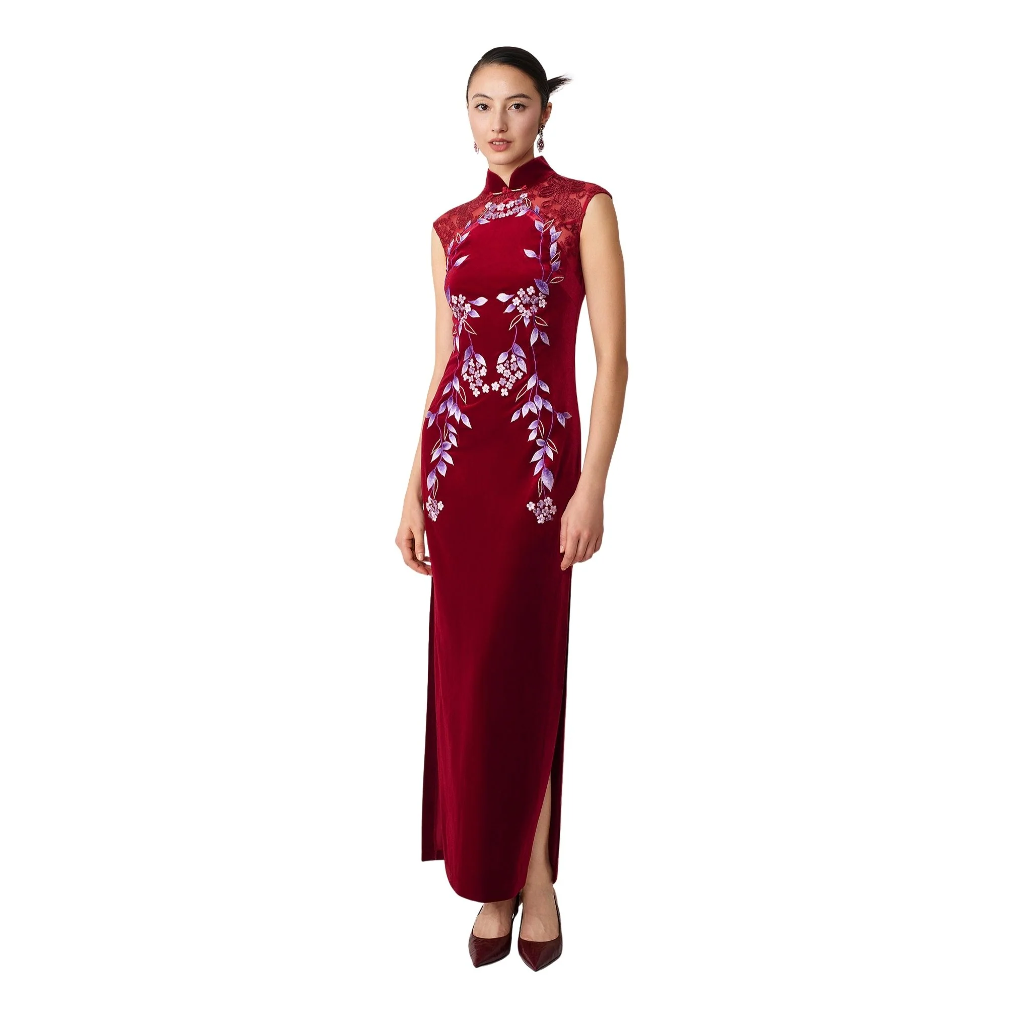 Burgundy Wisteria Backless Qipao - Image 2