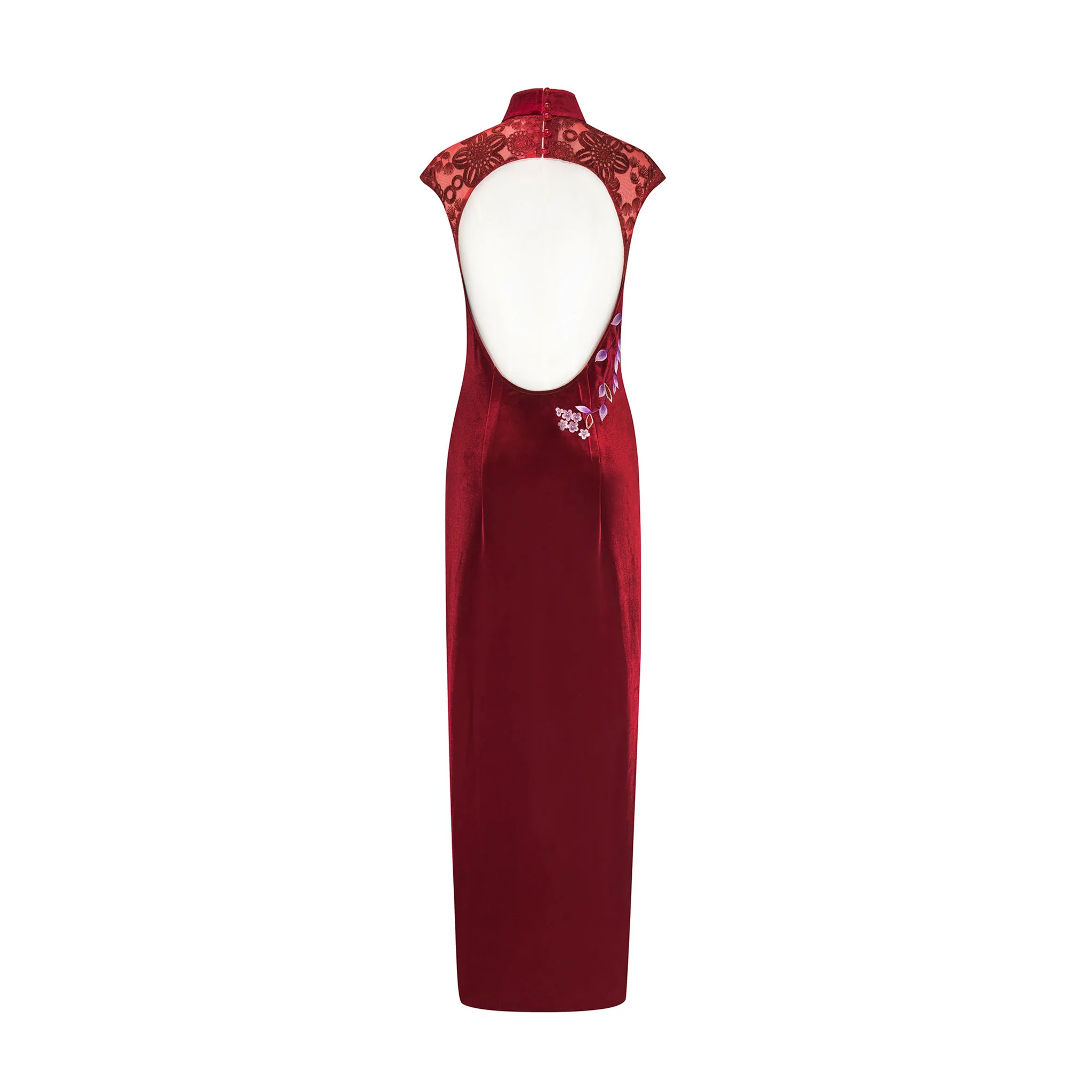 Burgundy Wisteria Backless Qipao - Image 6