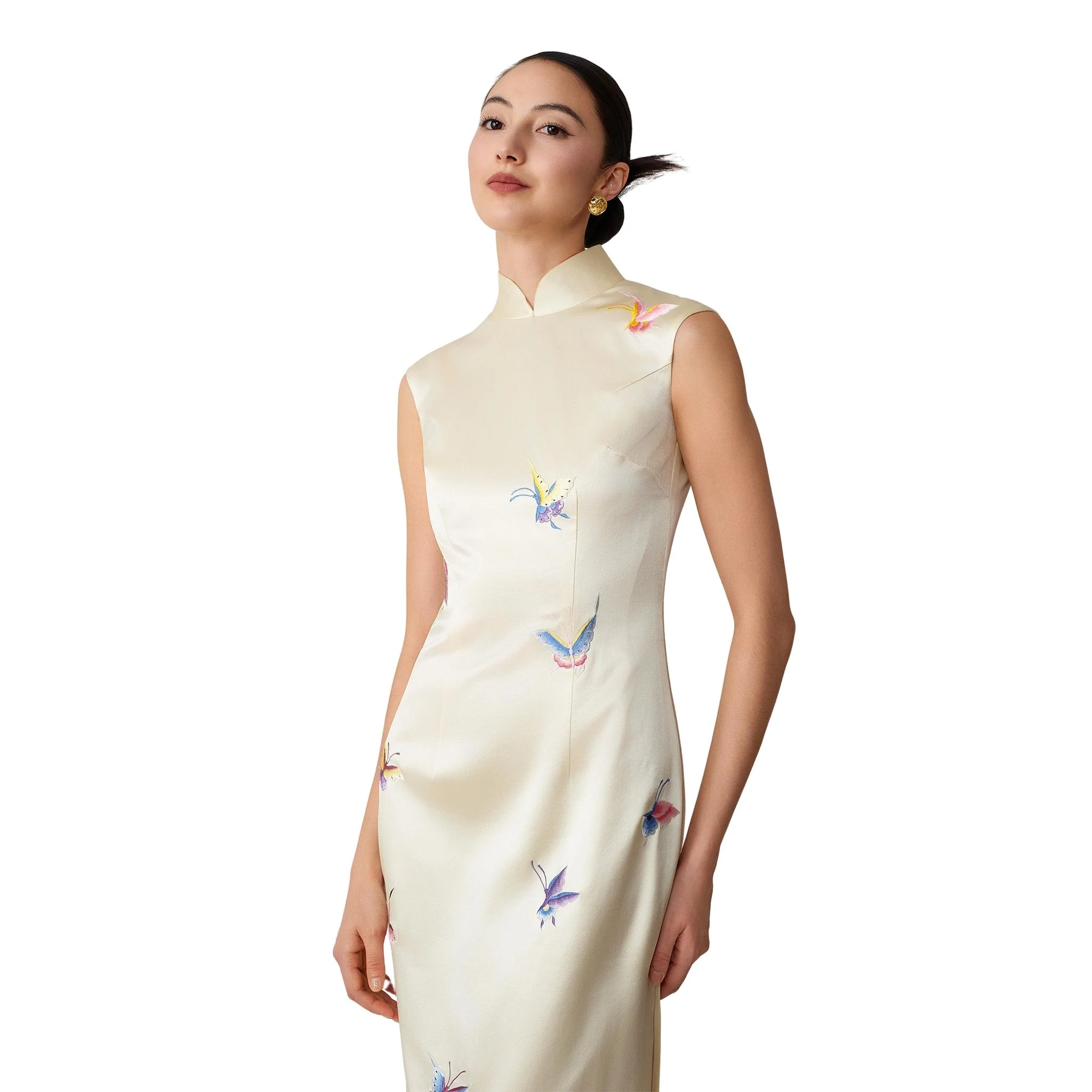 Cream Shell Sleeve Butterfly Qipao - Image 3