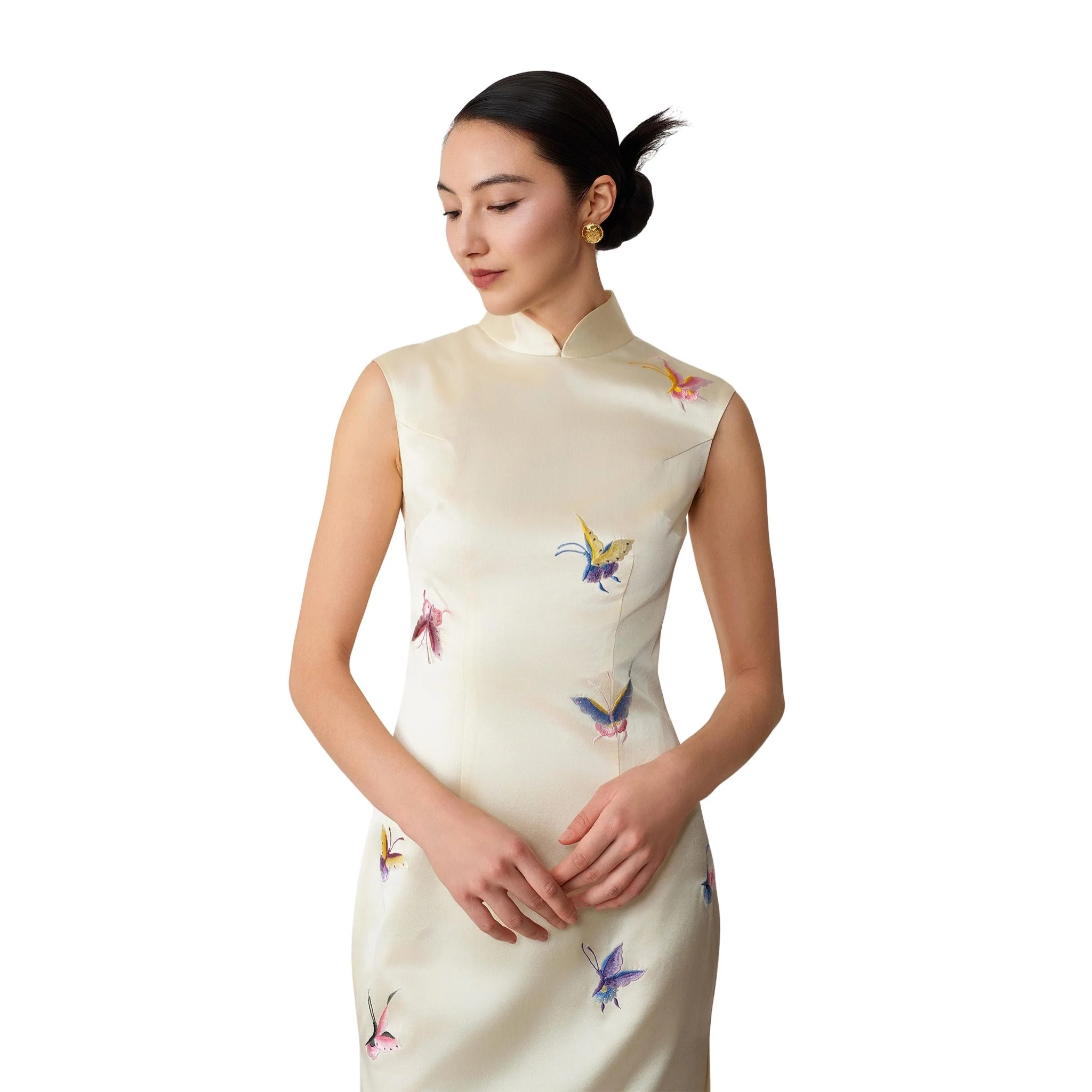 Cream Shell Sleeve Butterfly Qipao - Image 4