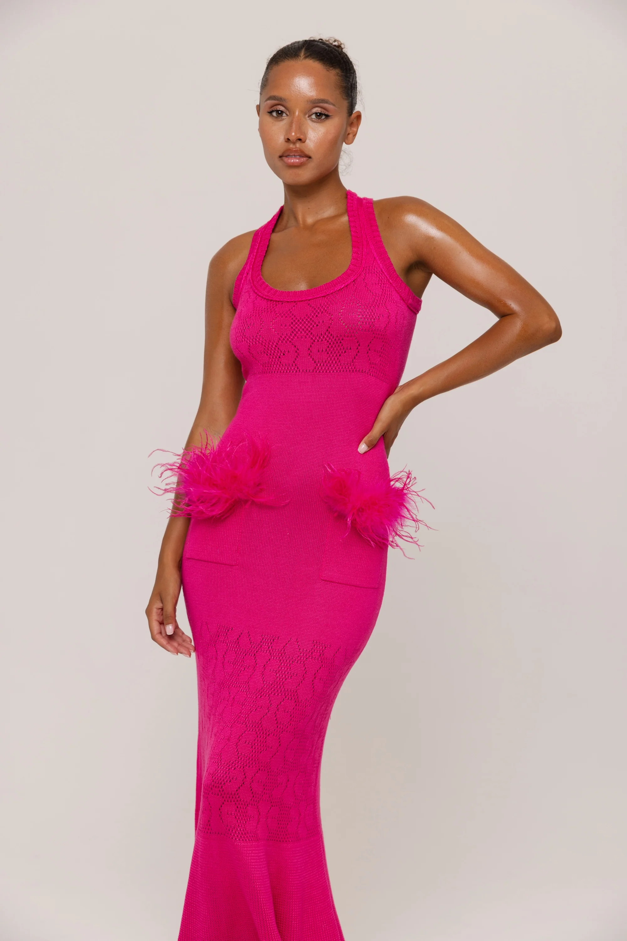 Fuchsia Knit Midi Dress with Ostrich Feather Pockets - Image 3