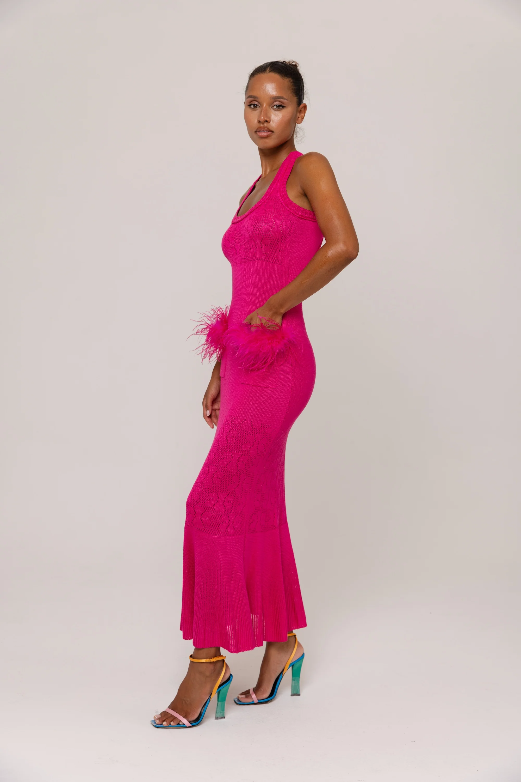 Fuchsia Knit Midi Dress with Ostrich Feather Pockets - Image 6