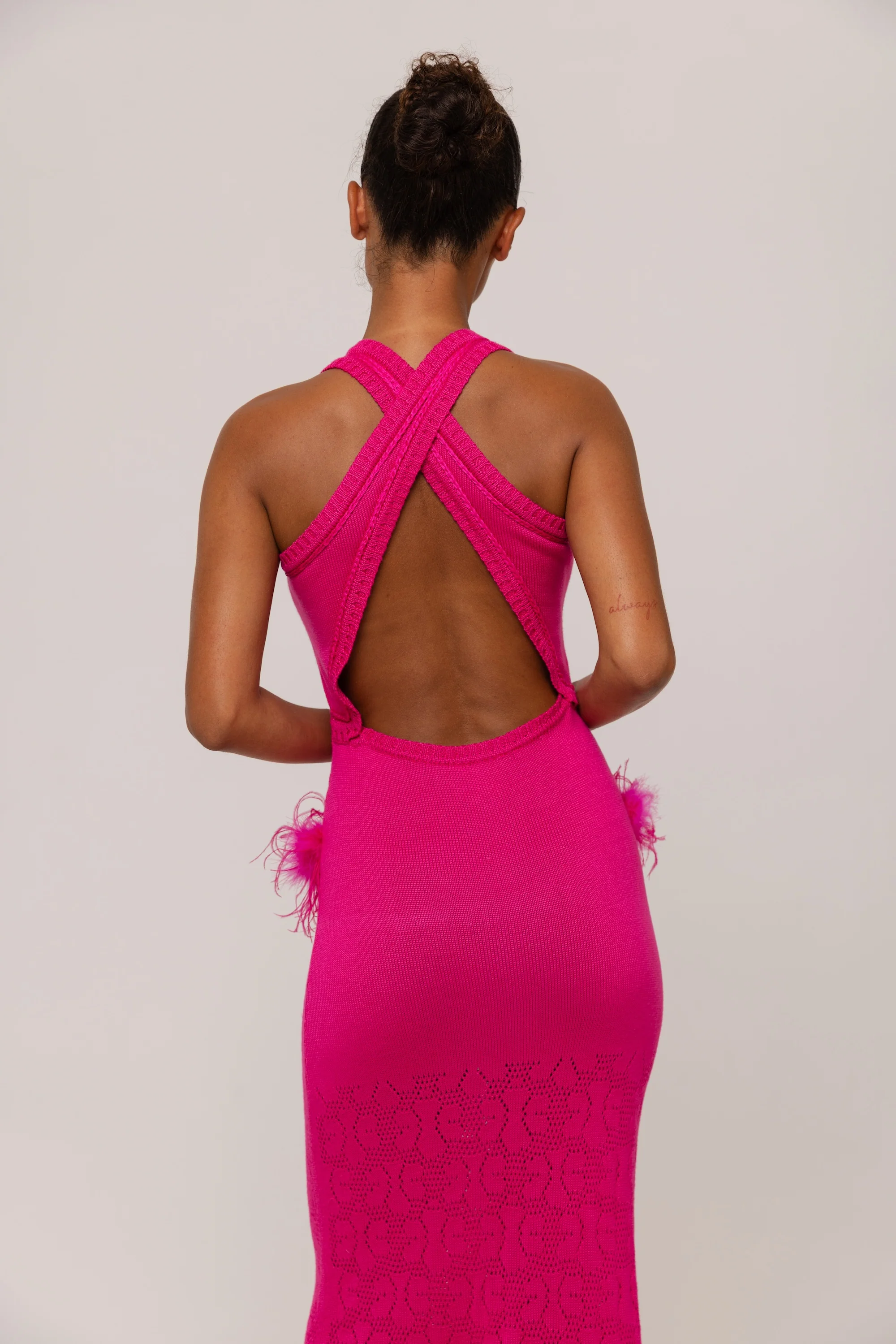 Fuchsia Knit Midi Dress with Ostrich Feather Pockets - Image 8