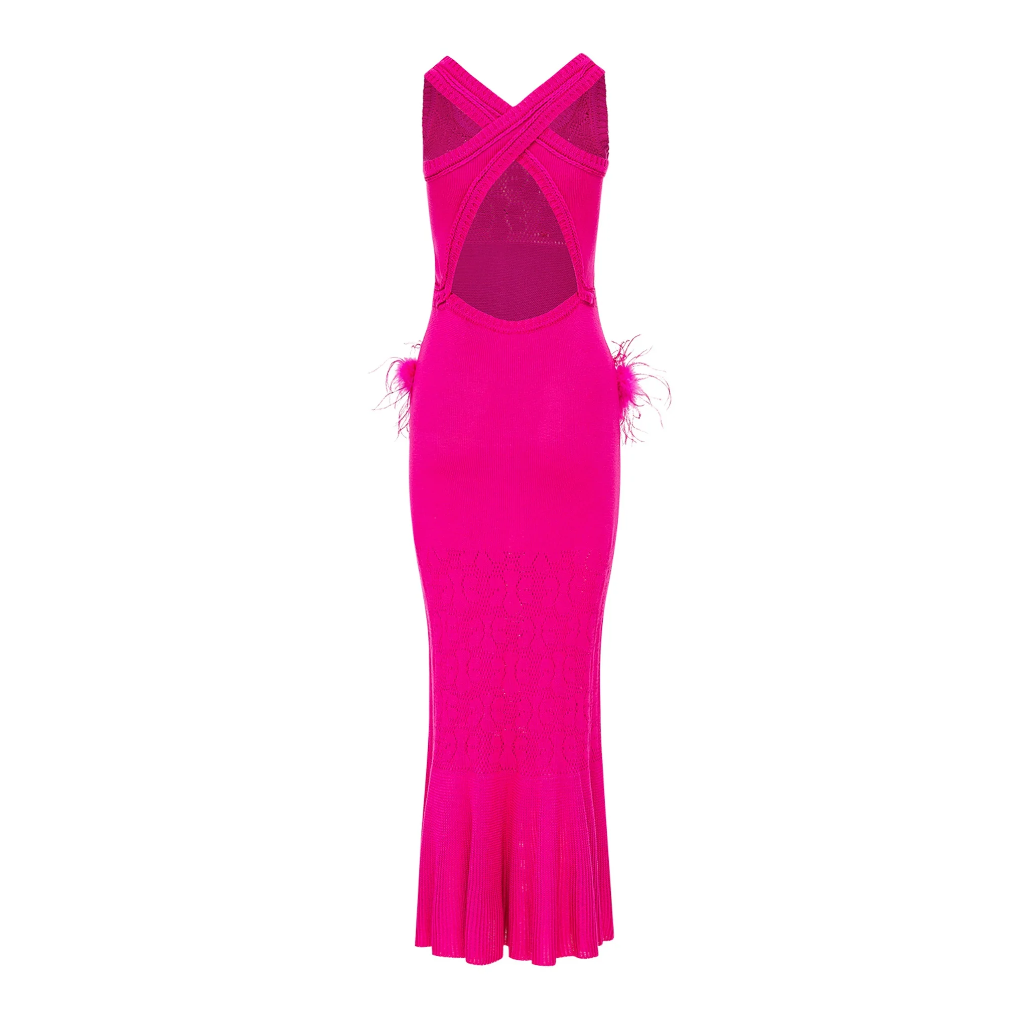 Fuchsia Knit Midi Dress with Ostrich Feather Pockets - Image 9