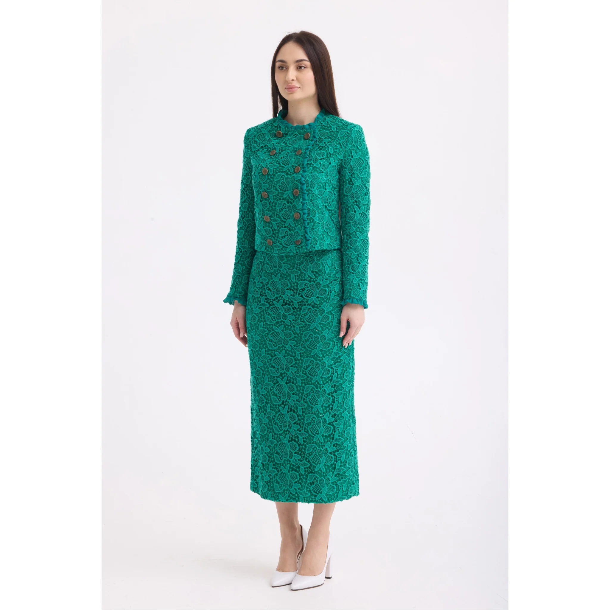 Emerald Green Lace Cropped Jacket and Midi Skirt Set - Image 3