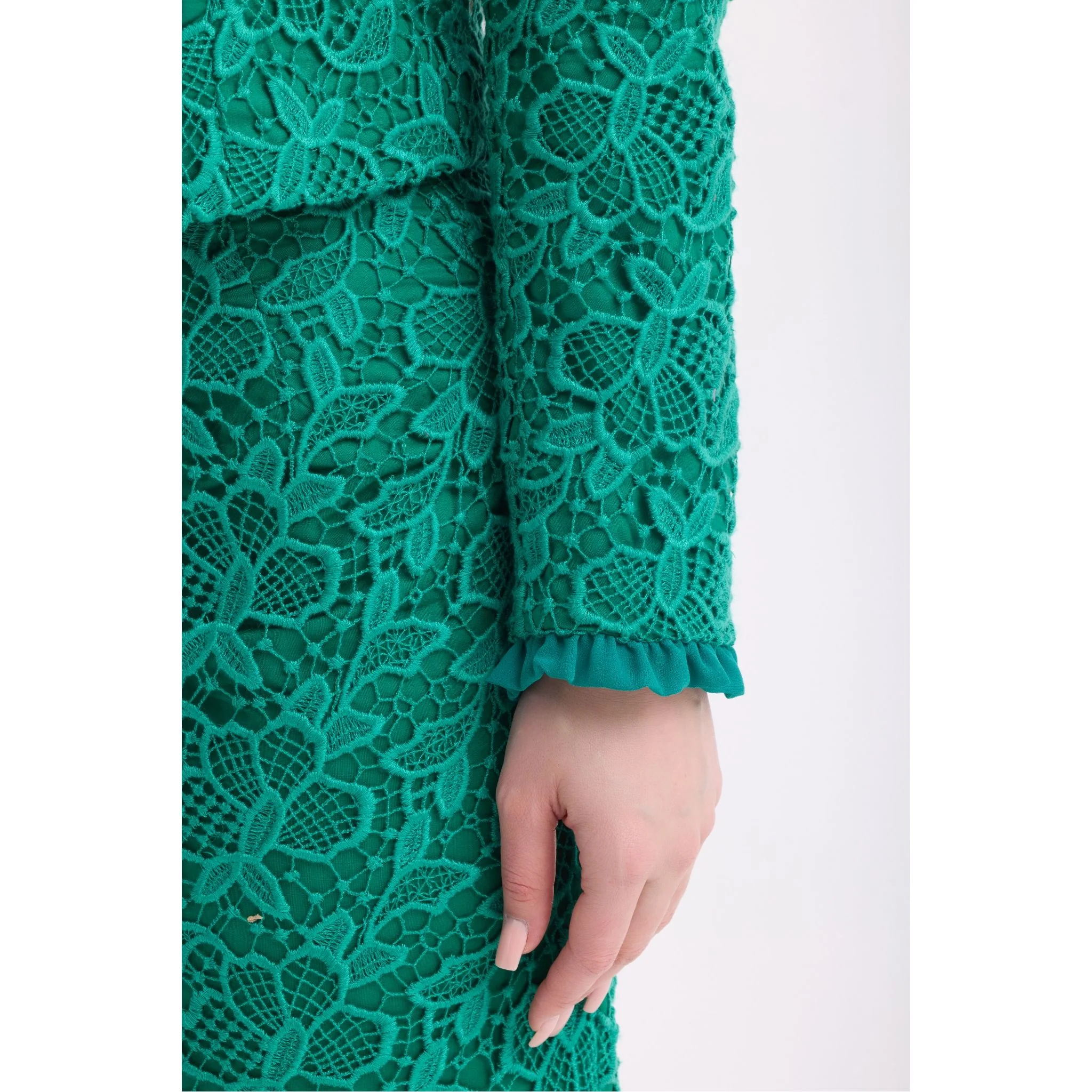 Emerald Green Lace Cropped Jacket and Midi Skirt Set - Image 4