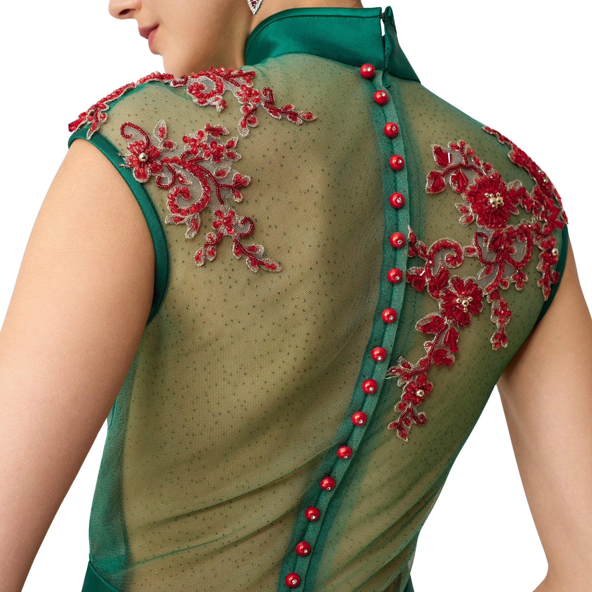 Green Beaded Rose Short Qipao - Image 5