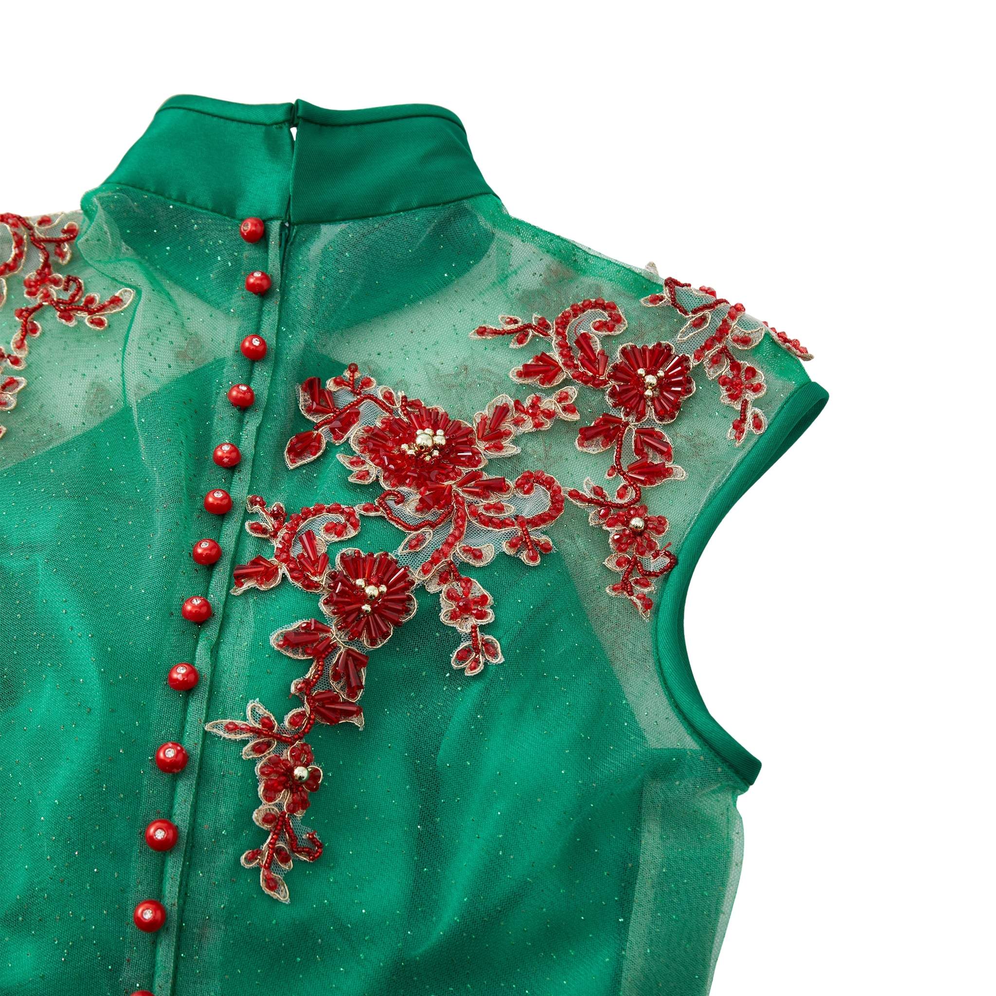 Green Beaded Rose Short Qipao - Image 7