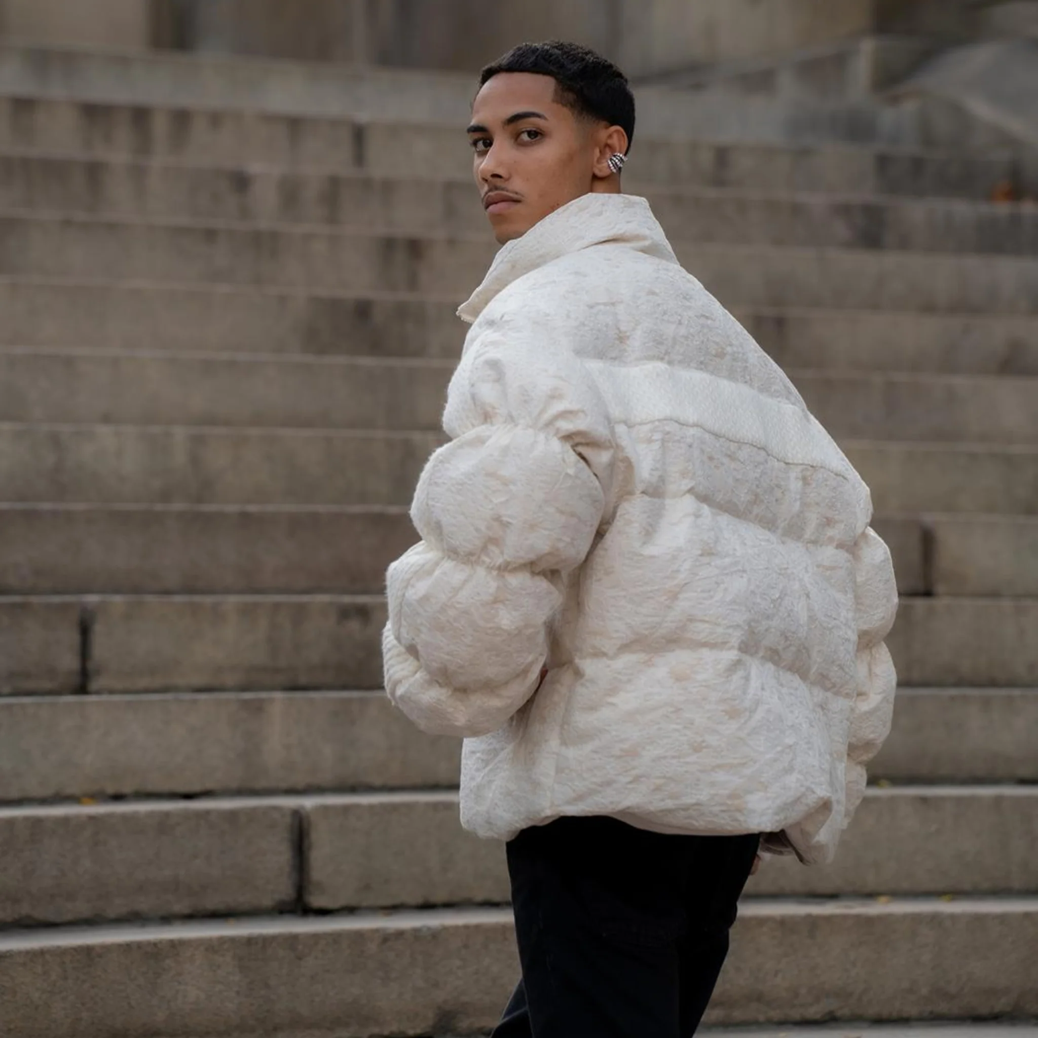 White Sculptural STREAM Puffer Jacket with Ribbed Sleeves - Image 4
