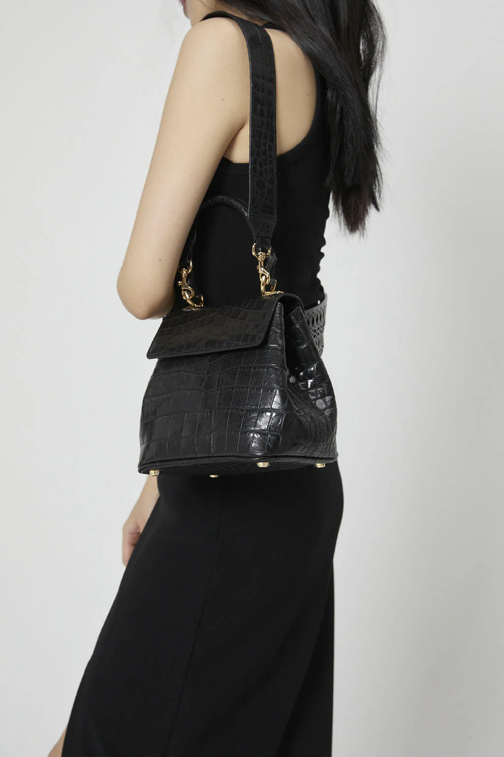 Anne Crocodile-Effect Leather Bag | Black - Image 7