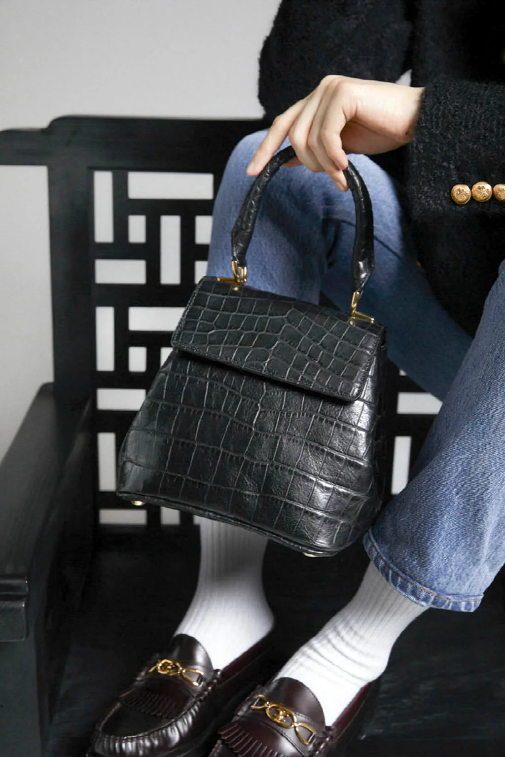 Anne Crocodile-Effect Leather Bag | Black - Image 9