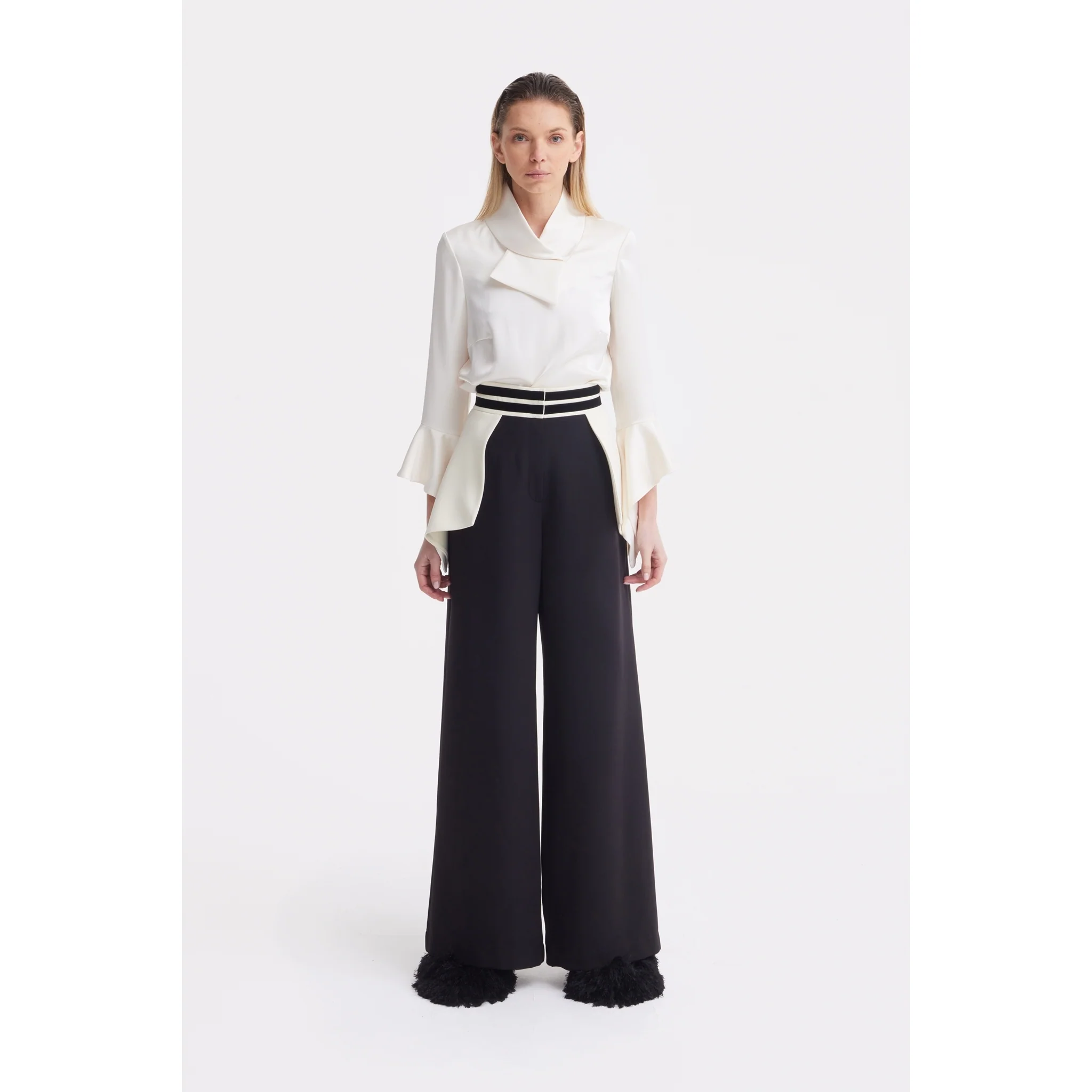 Asymmetric Collar Satin Blouse - Ivory - Image 3