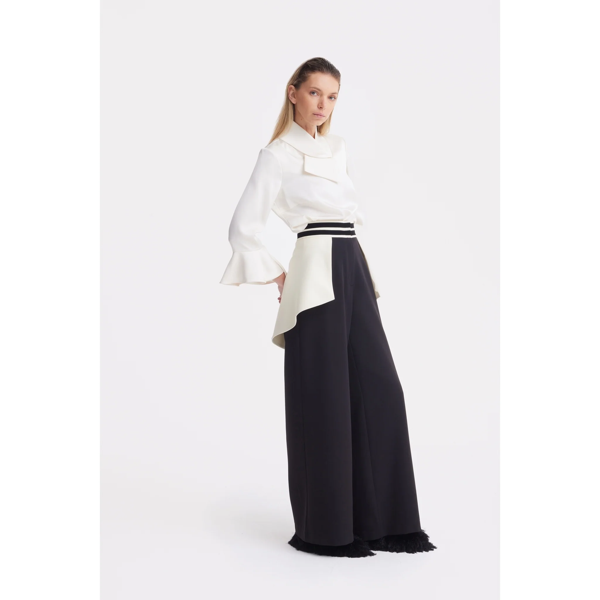 Asymmetric Collar Satin Blouse - Ivory - Image 4