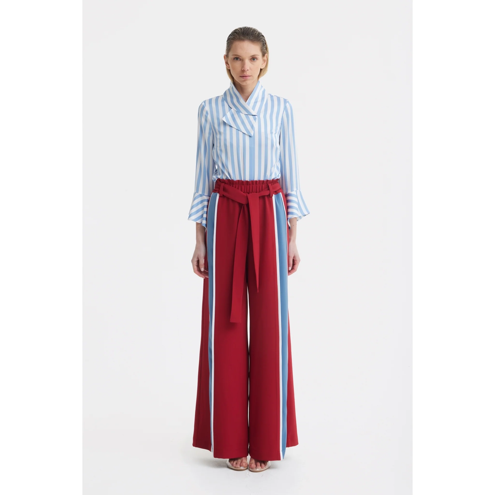 Satin Striped Blouse With Asymmetric Collar - Light Blue - Image 10