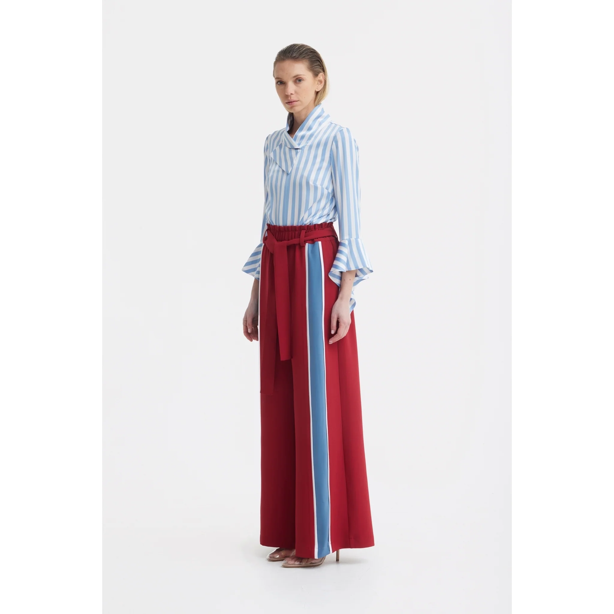 Belted High Waist Wide Leg Pants - Burgundy - Image 12