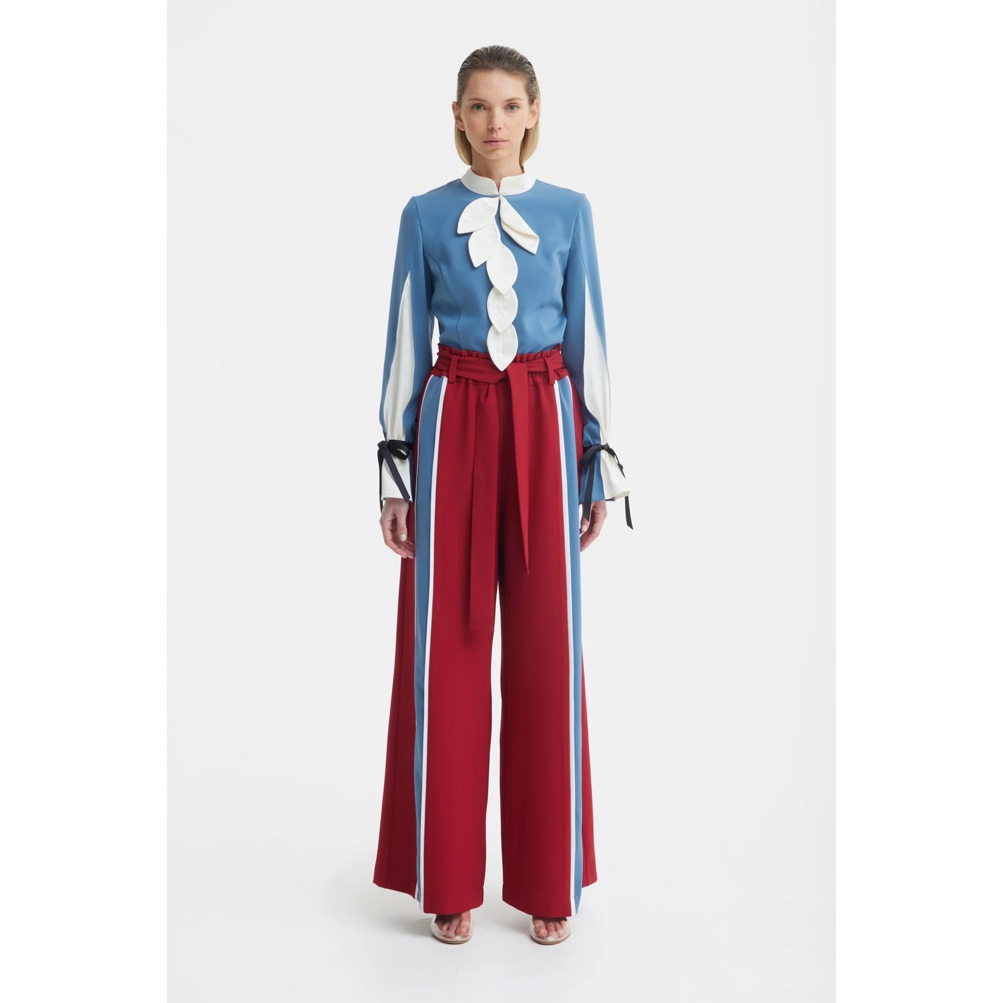 Belted High Waist Wide Leg Pants - Burgundy - Image 2