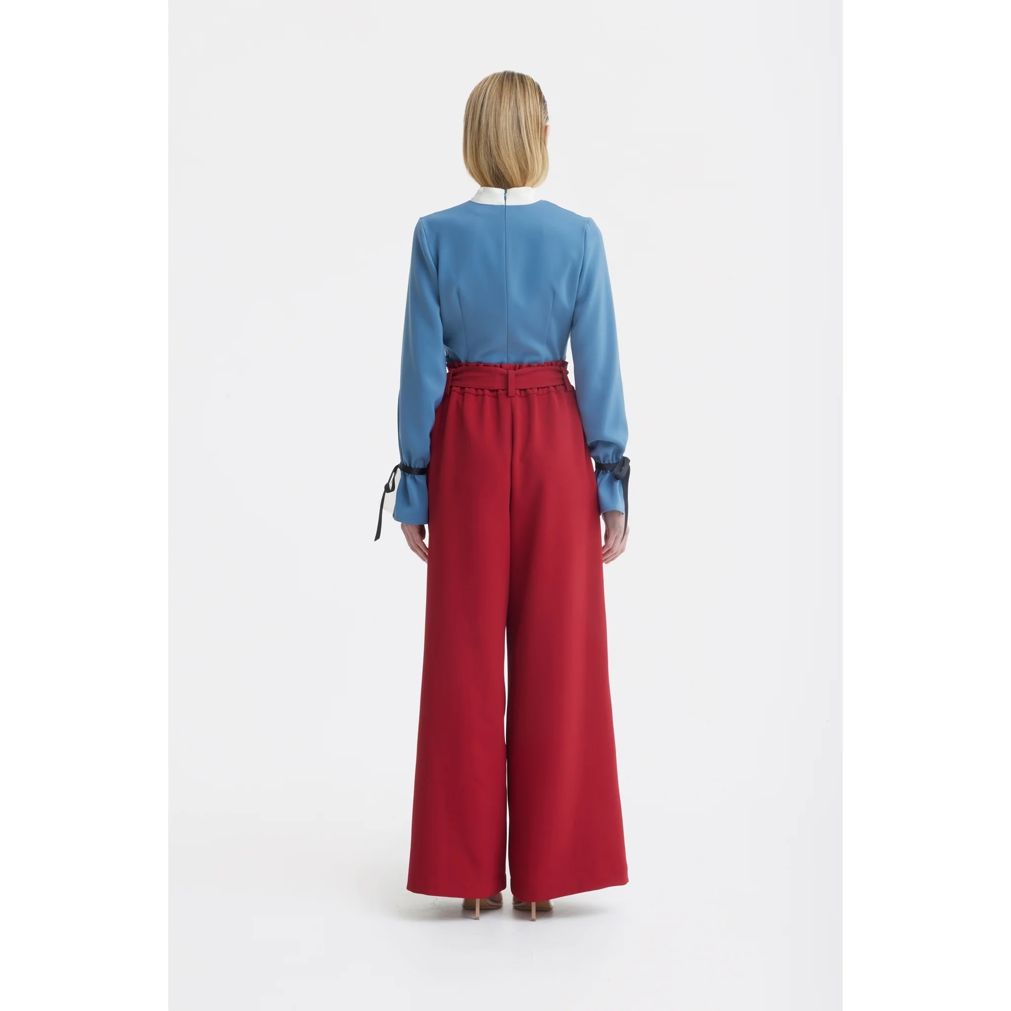 Belted High Waist Wide Leg Pants - Burgundy - Image 6