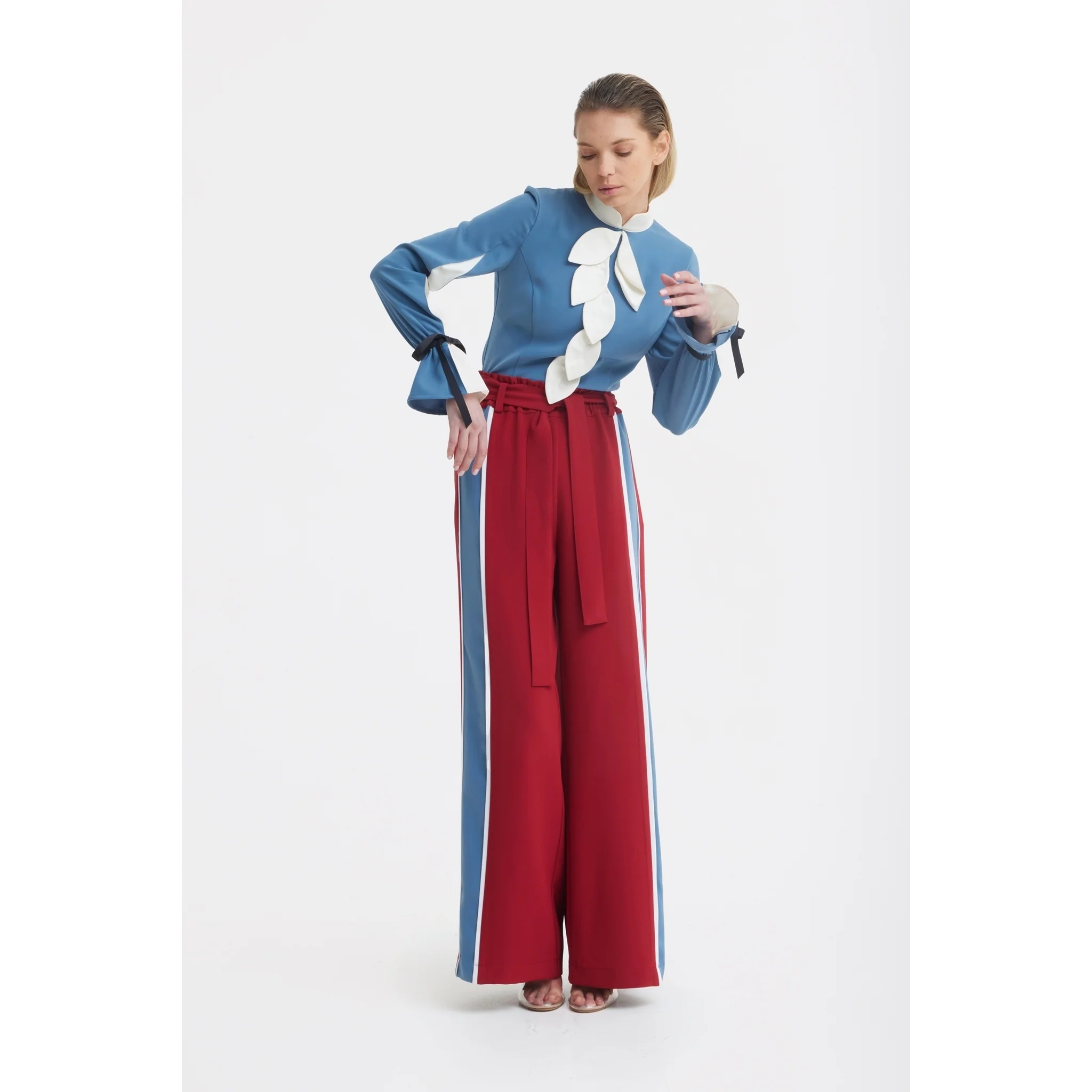 Belted High Waist Wide Leg Pants - Burgundy - Image 7
