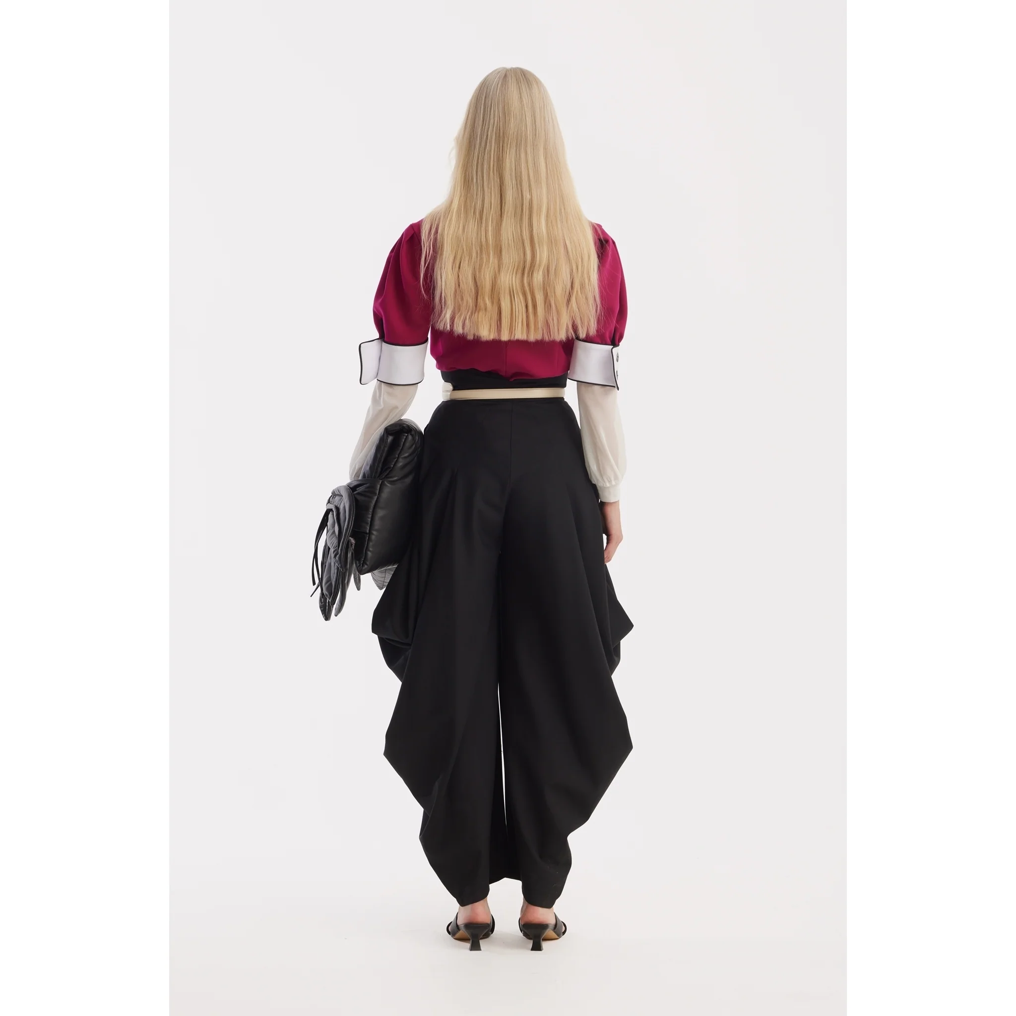 Couture Draped Wide-Leg Pants - Black - Image 8