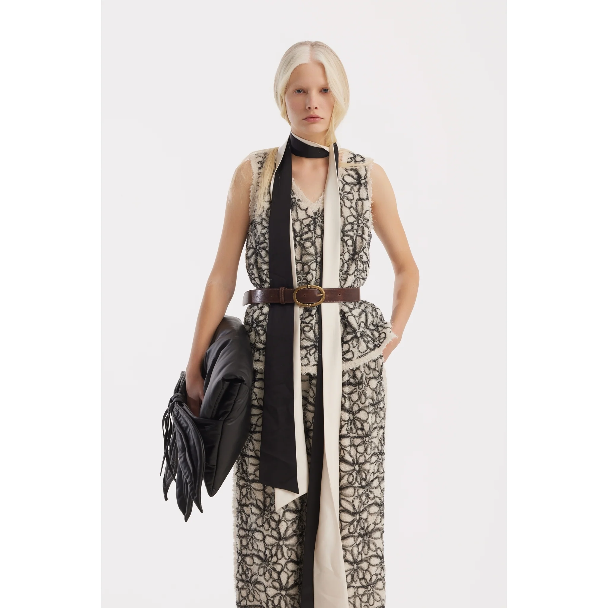 Elastic Waist Abstract Textured Wide Pants - Ivory - Image 3