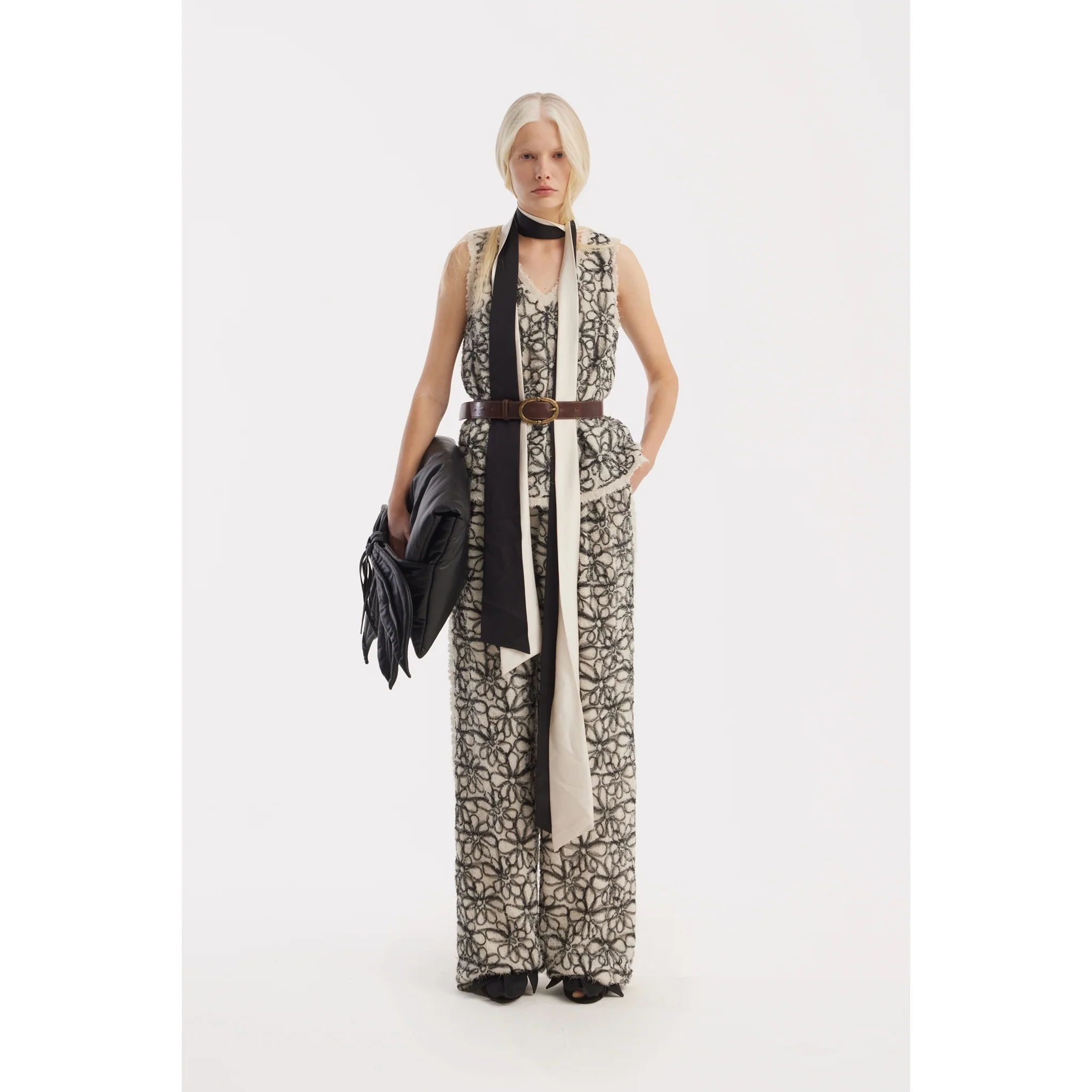 Elastic Waist Abstract Textured Wide Pants - Ivory - Image 4