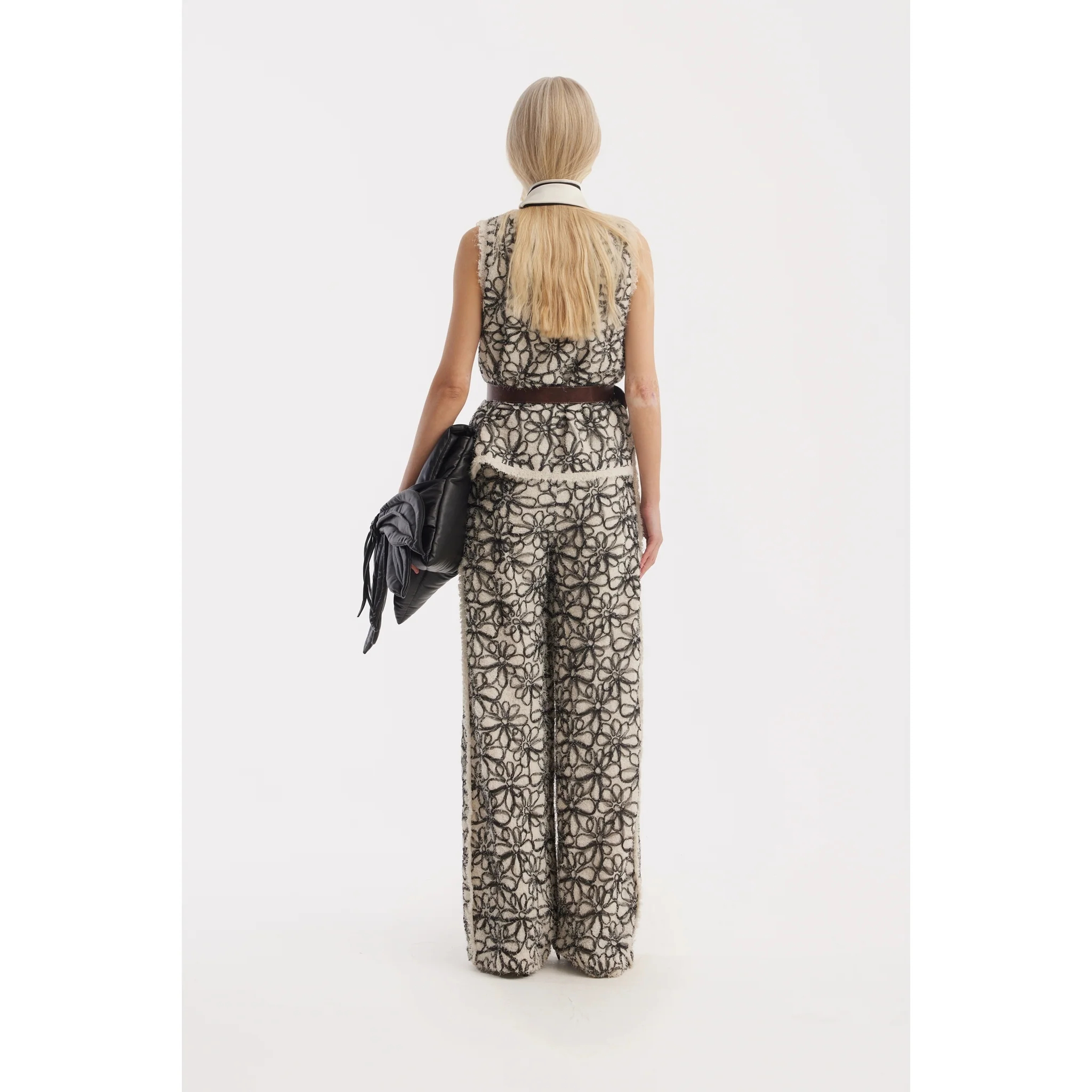 Elastic Waist Abstract Textured Wide Pants - Ivory - Image 5