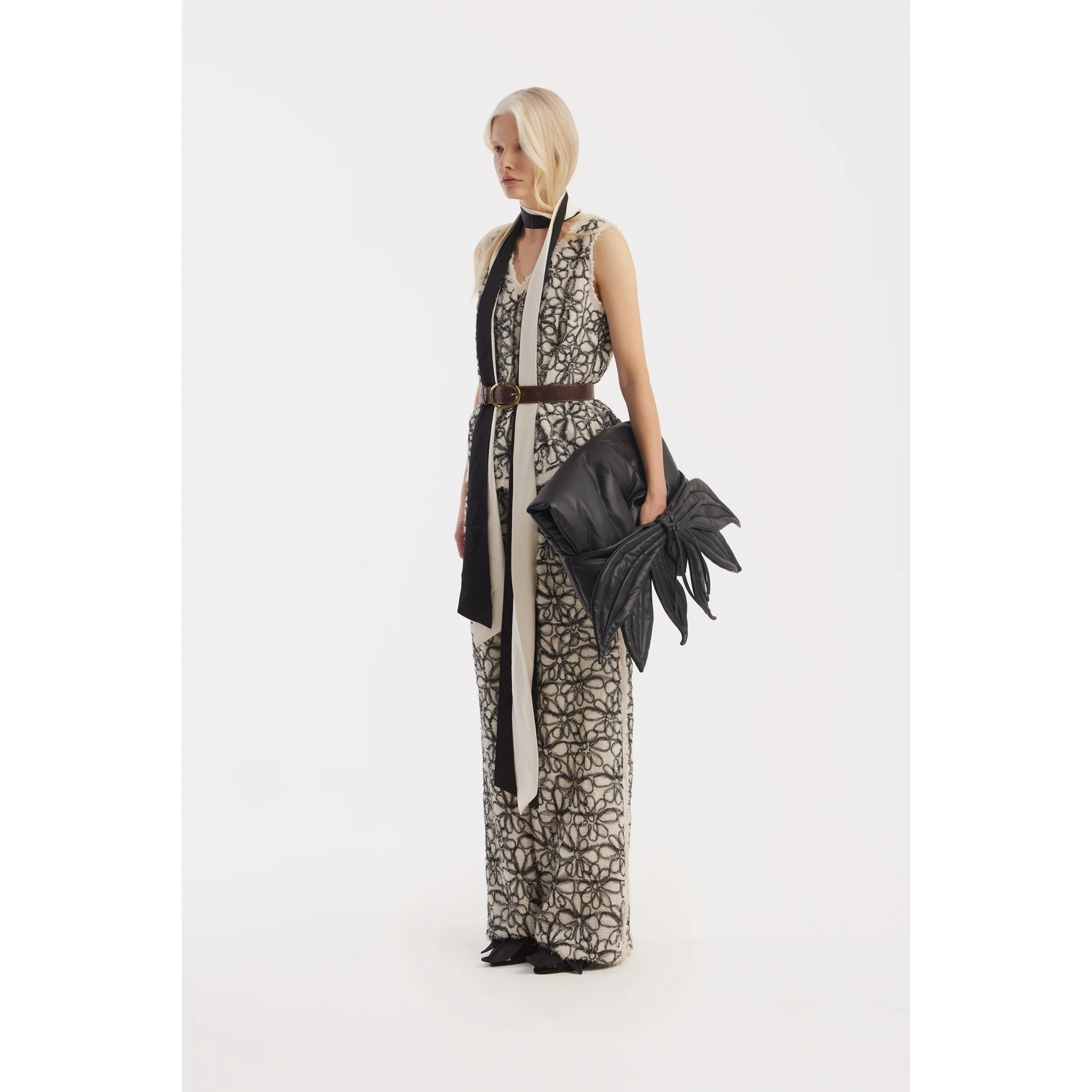 Elastic Waist Abstract Textured Wide Pants - Ivory - Image 6