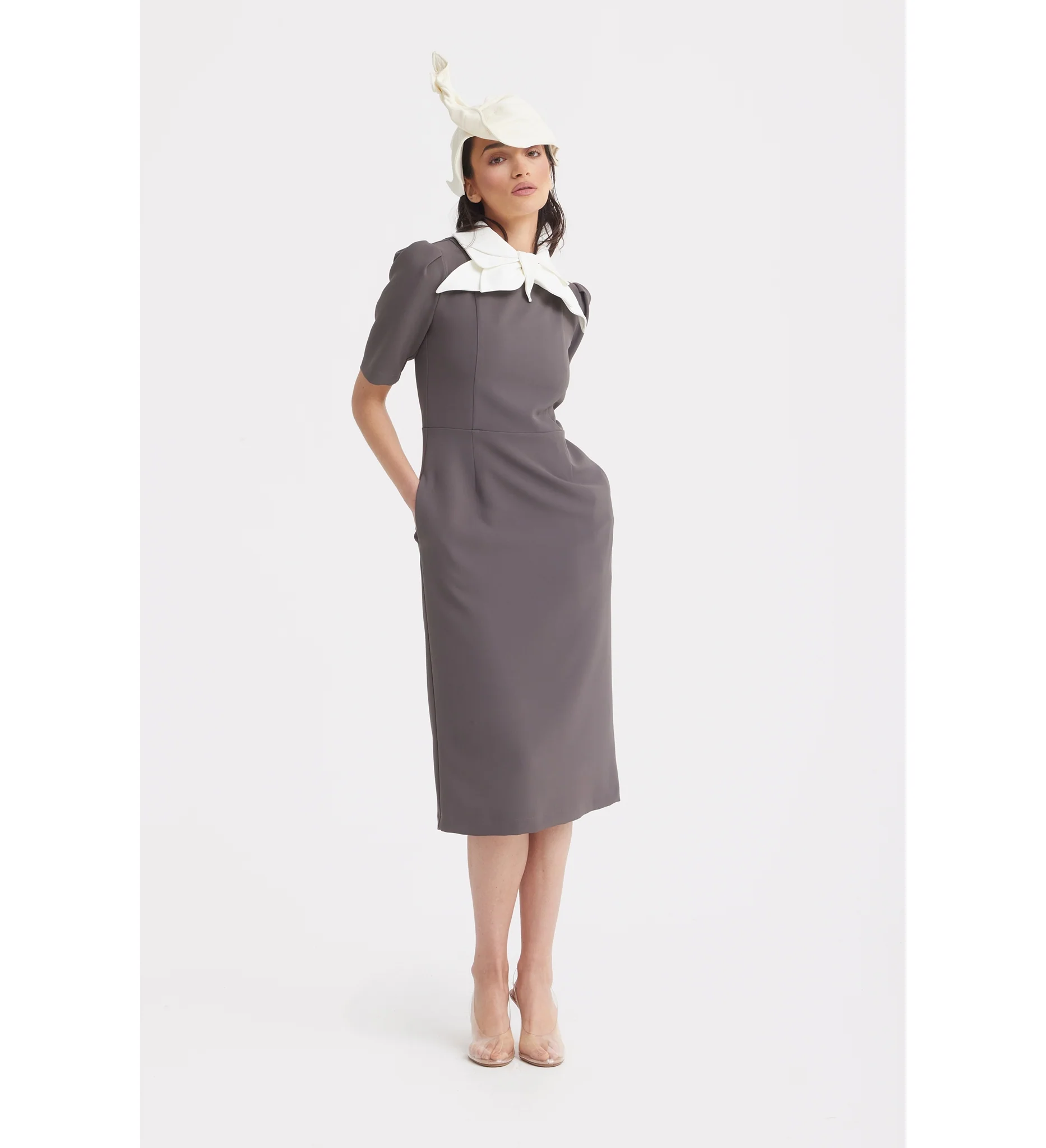 Elegant Midi Dress With Contrast Bow Collar - Taupe - Image 5