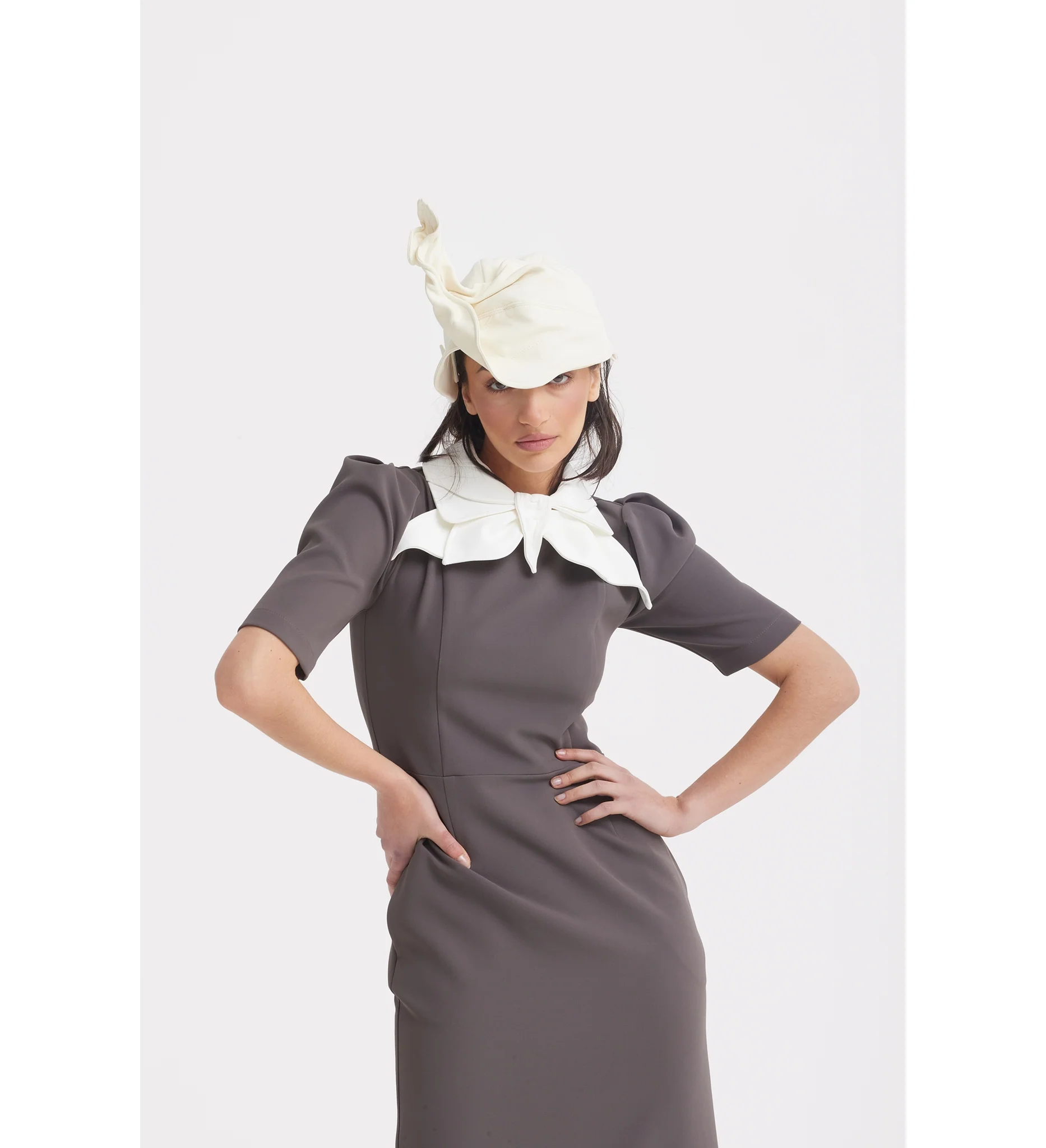 Elegant Midi Dress With Contrast Bow Collar - Taupe - Image 7