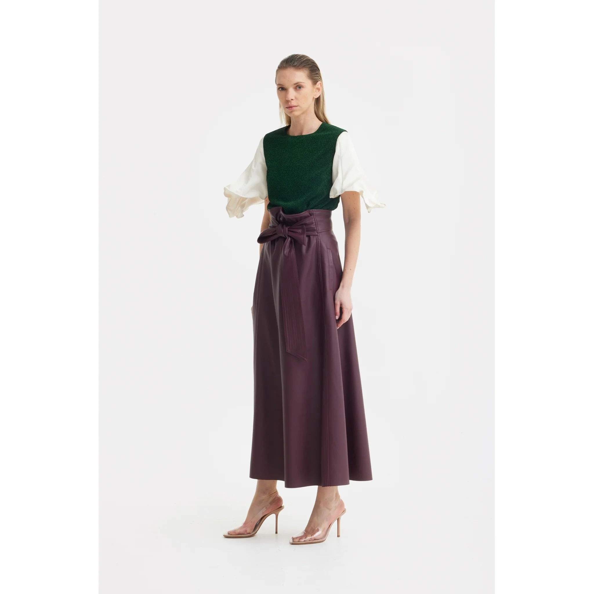 Faux Leather High-Waisted A-Line Skirt With Belt Burgundy - Image 3