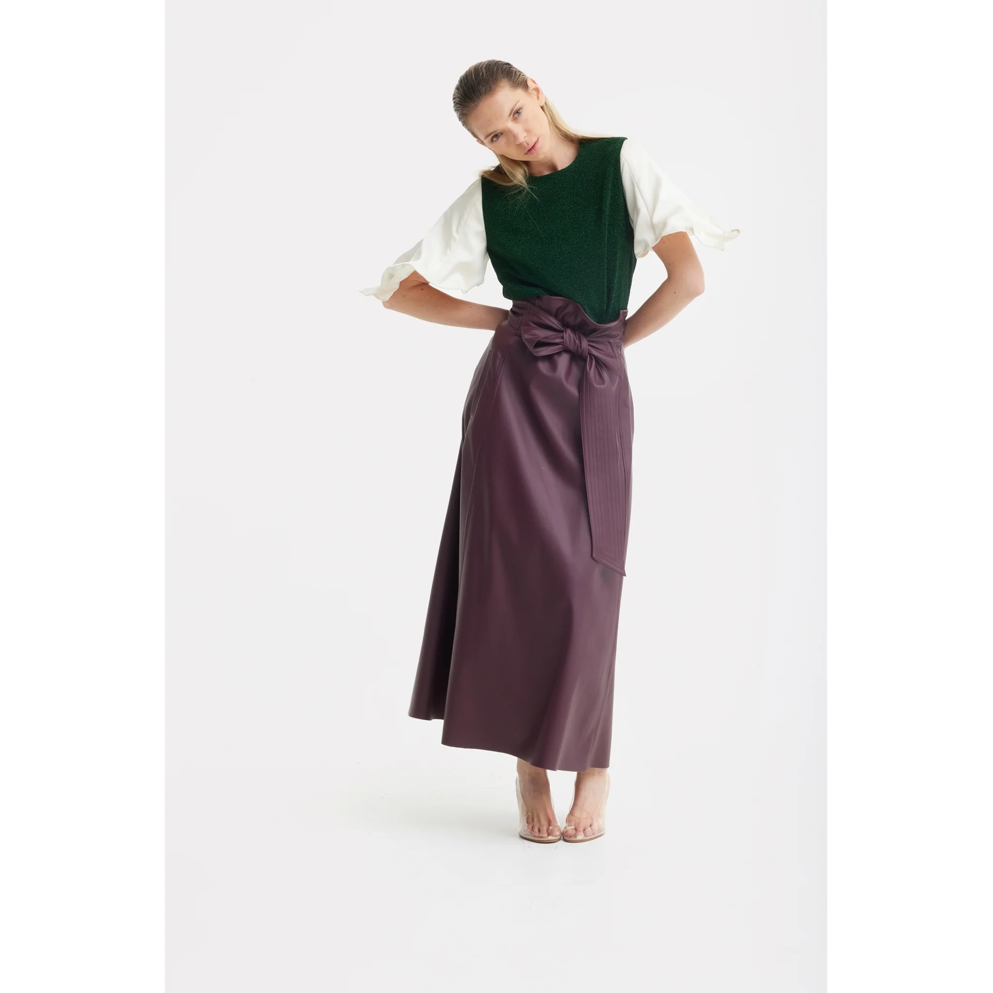 Faux Leather High-Waisted A-Line Skirt With Belt Burgundy - Image 4