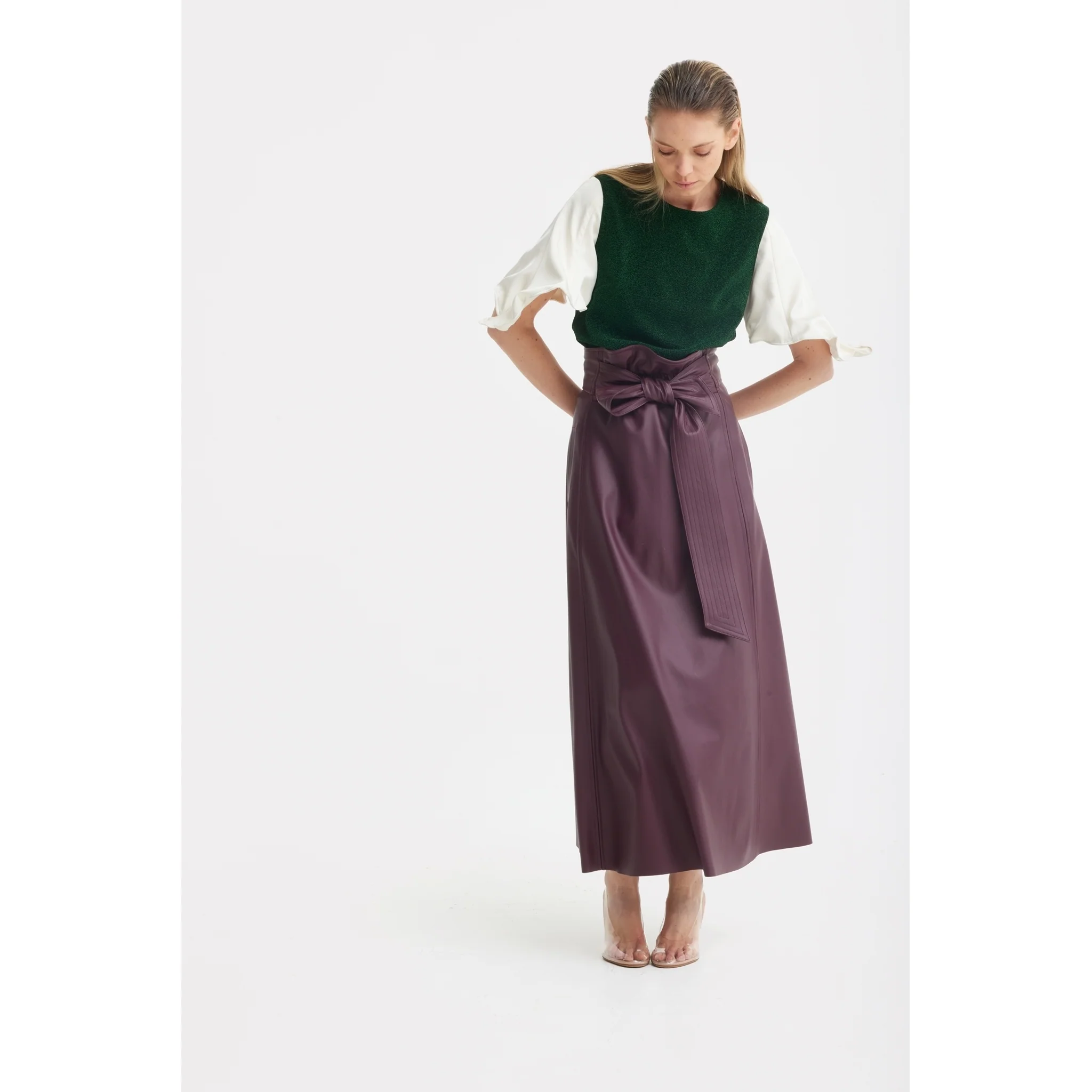 Faux Leather High-Waisted A-Line Skirt With Belt Burgundy - Image 8